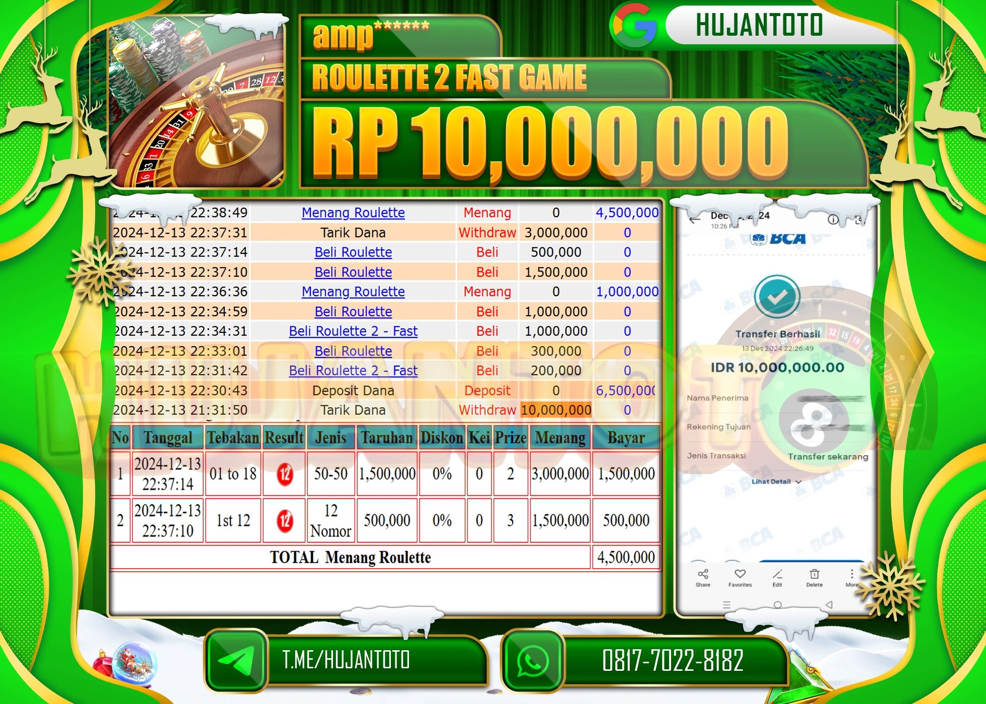HUJANTOTO ATAS KEMENANGAN BESAR YANG DI RAIH DI PERMAINA ROULETTE 2 FAST GAMES - 10,000,000 - TERBAYAR LUNAS