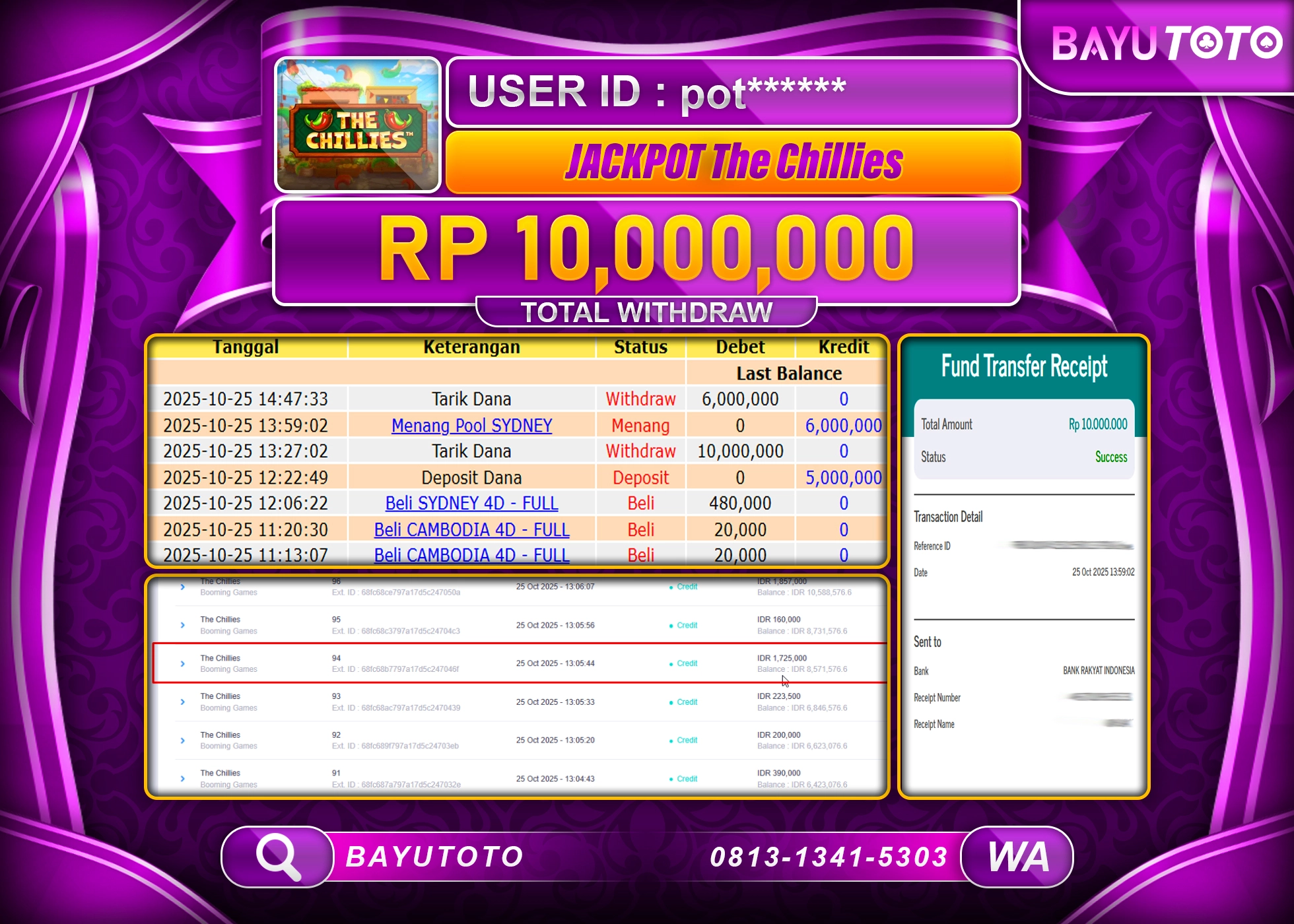 MEMBER BAYUTOTO JACKPOT SLOT  The Chillies(BOOMING GAMES) Rp. 10,000,000 LUNAS