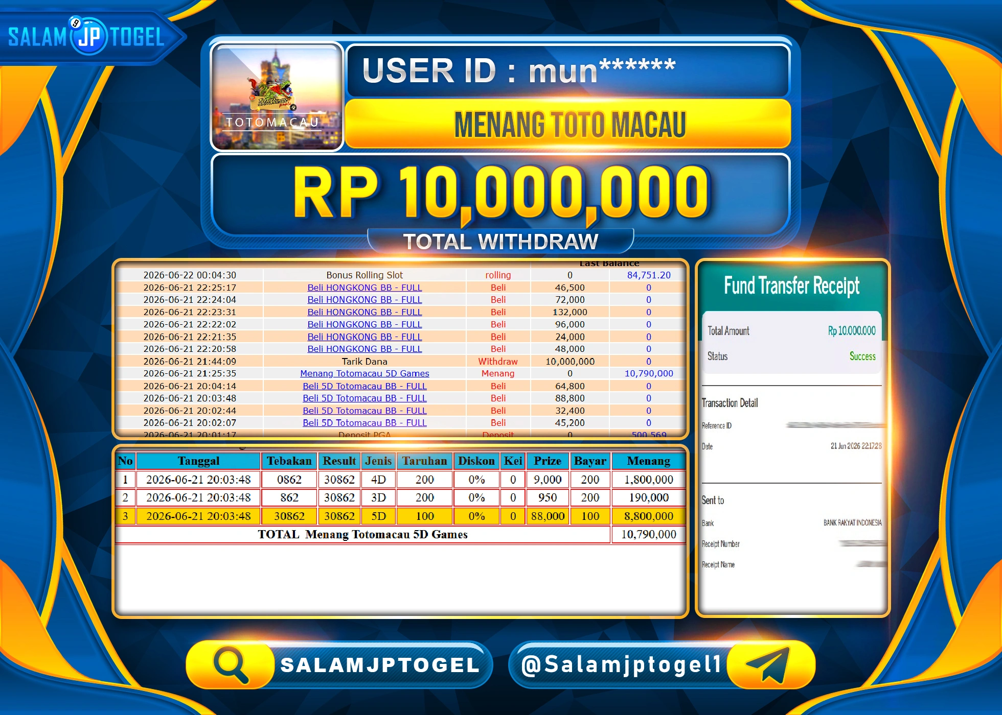 SALAMJPTOGEL JACKPOT MENANG TOGEL TOTO MACAU 4D Rp.10,000,000 - LUNAS