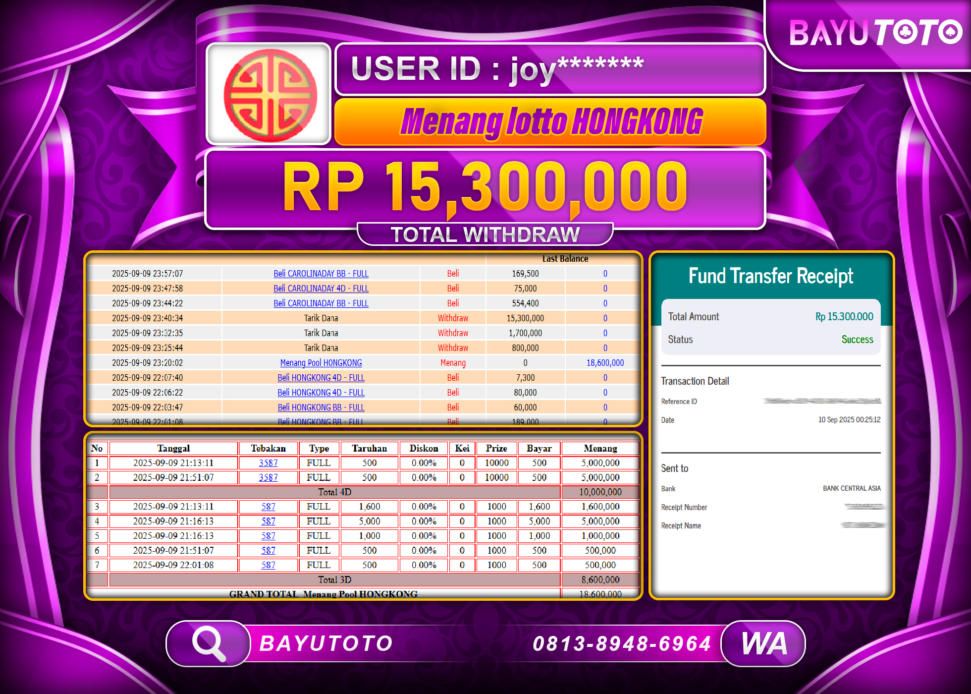 BAYUTOTO JACKPOT DI PERMAINAN TOGEL HONGKONG LOTTO  Rp.15,300,000 LUNAS