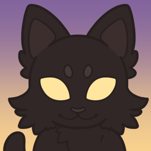 A digital drawing of a black, lurking cat with glowing yellow eyes. The background goes from yellow to purple.