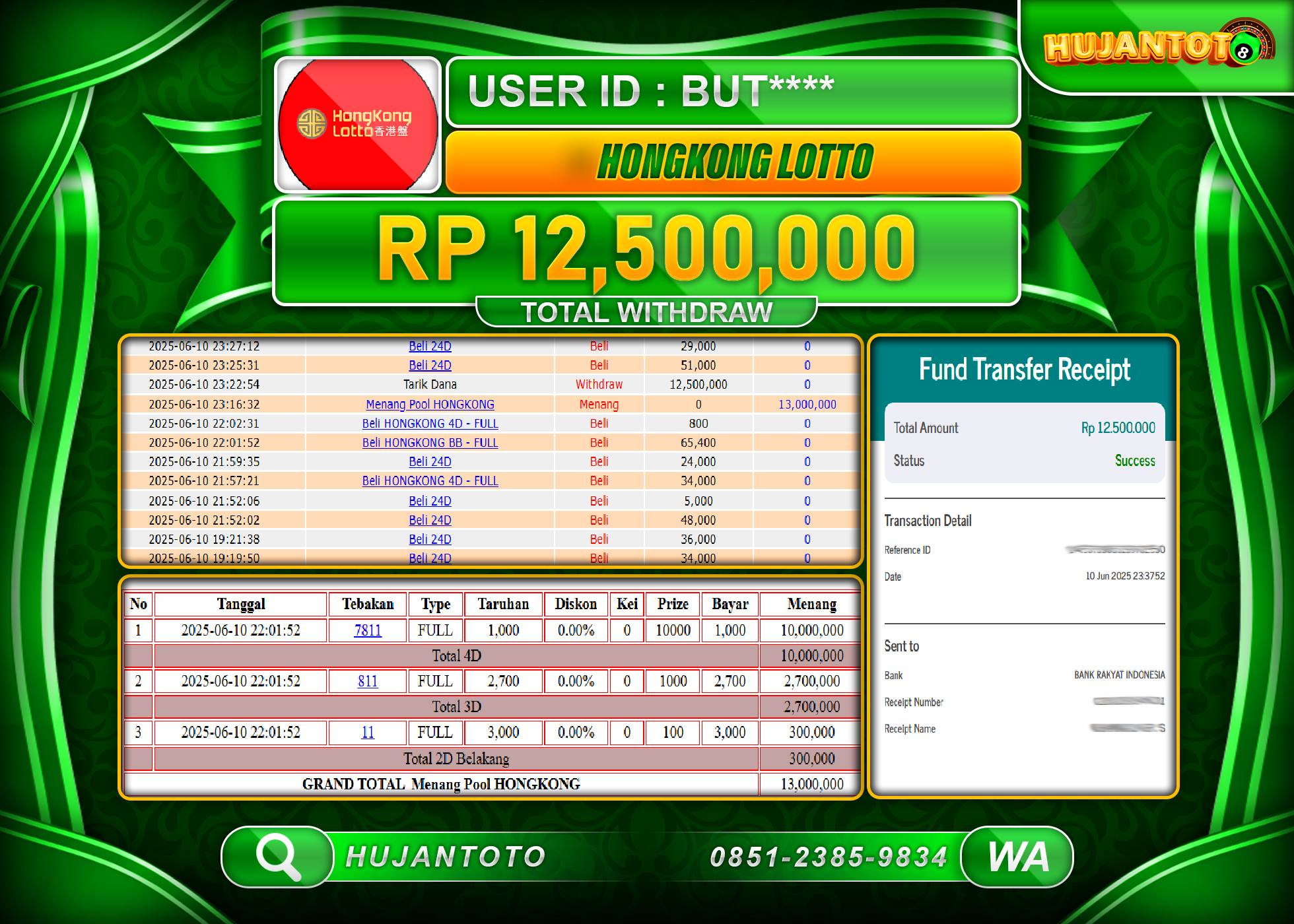 HUJANTOTO - BUKTI JACKPOT MENANG TOGEL HONGKONG LOTTO Rp.12,500,000  - TERBAYAR LUNAS
