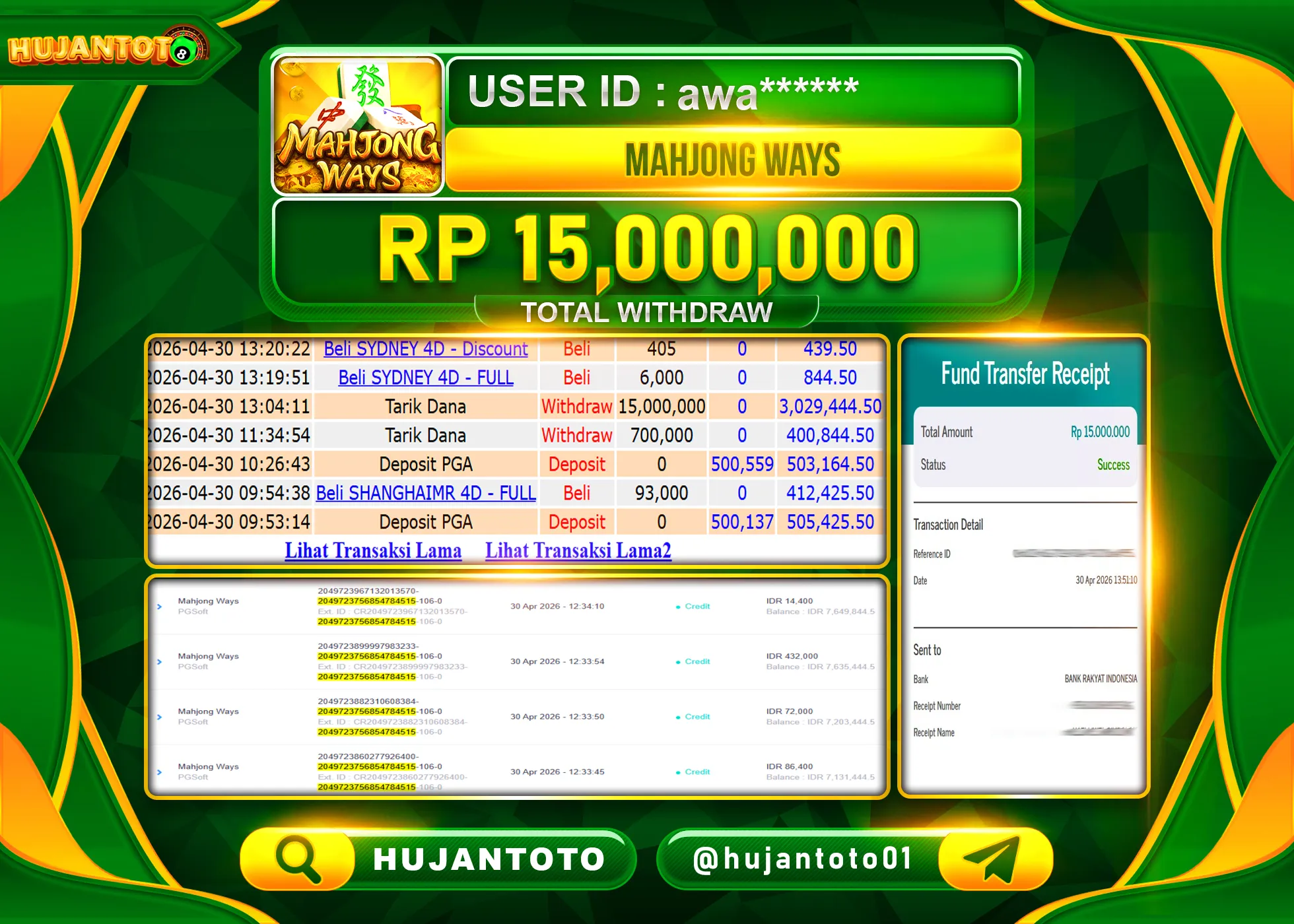 HUJANTOTO - BUKTI JACKPOT MENANG MAHJONG WAYS Rp.15,000,000 - TERBAYAR LUNAS