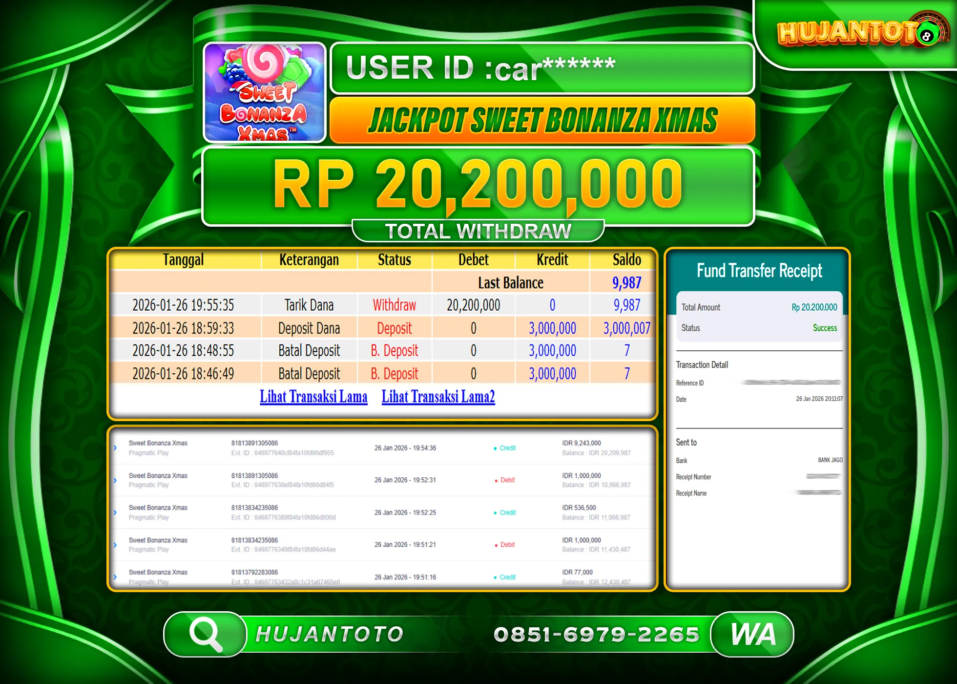 HUJANTOTO - BUKTI JACKPOT MENANG SLOT SWEET BONANZA XMAS Rp.20,200,000 - TERBAYAR LUNAS