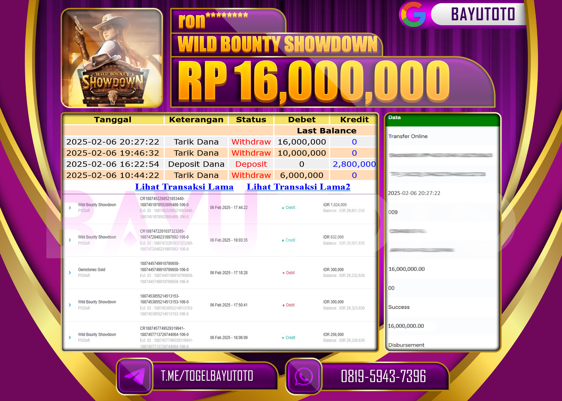 BAYUTOTO JACKPOT DI WILD BOUNTY SHOWDOWN Rp.16.000.000 LUNAS