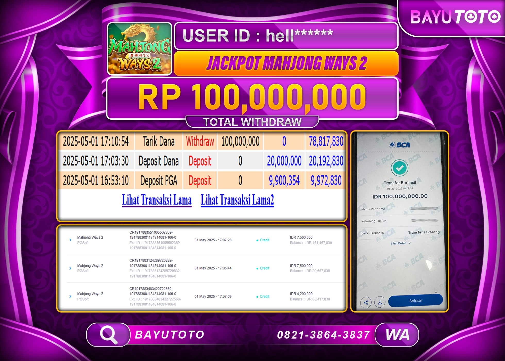 BAYUTOTO JACKPOT  Mahjong ways 2 PG Soft  Rp.100,000,000 LUNAS