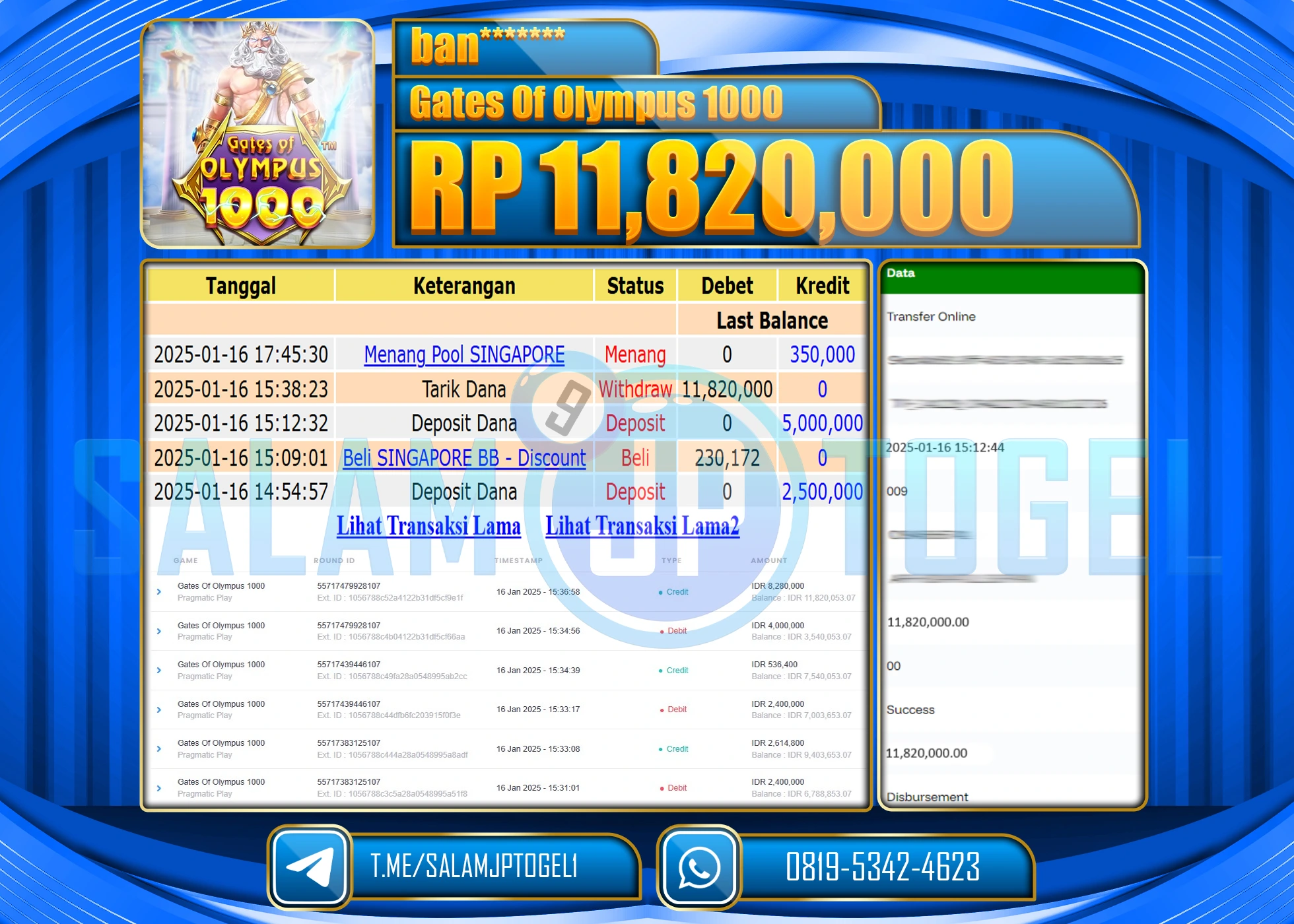 SALAMJPTOGEL MENANG  GATES OF OLYMPUS 1000 Rp.11,820,000 LUNAS