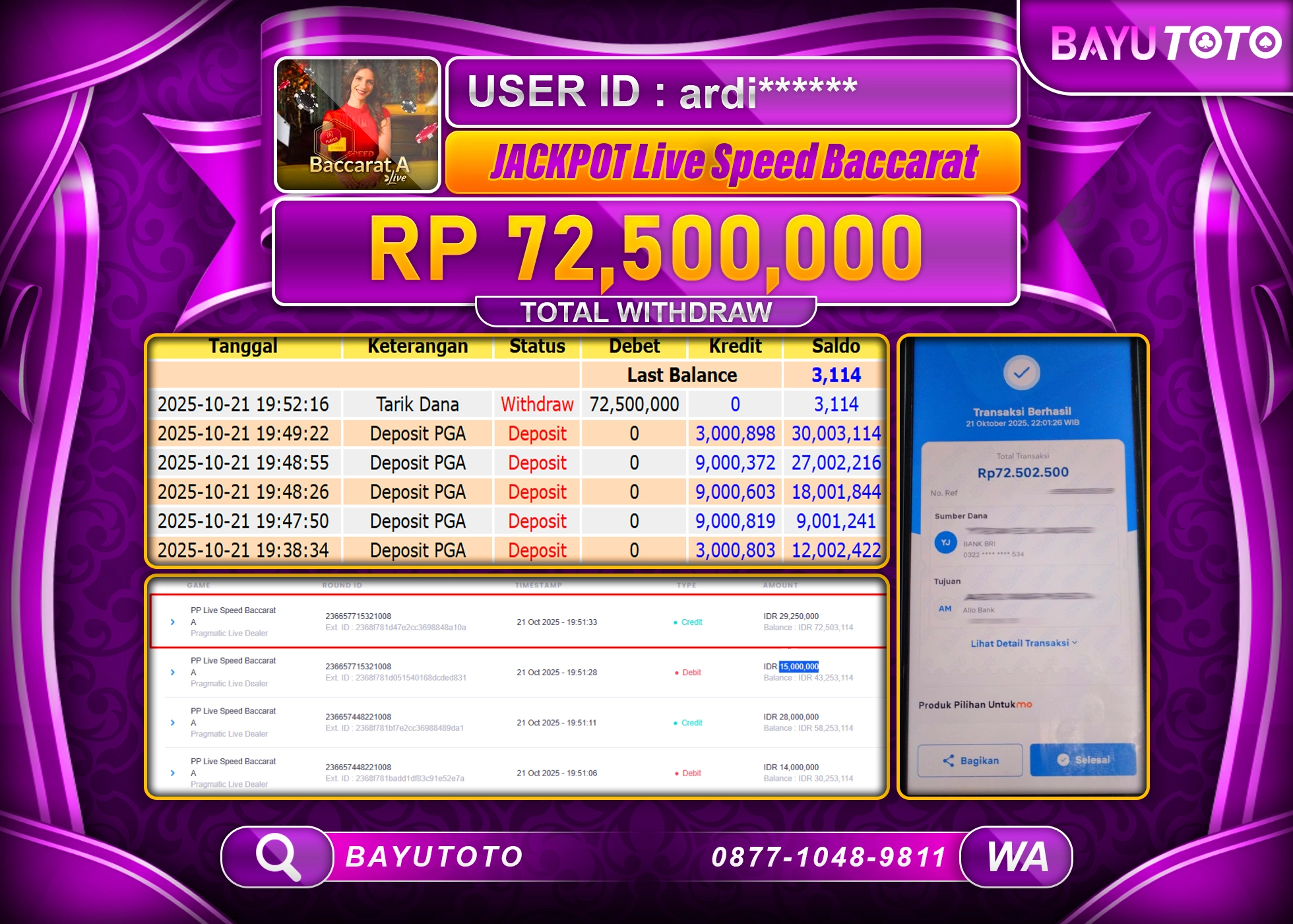 MEMBER BAYUTOTO JACKPOT DI PRAGMATIC LIVE SPEED BACCARAT A  Rp.72.500.000 LUNAS