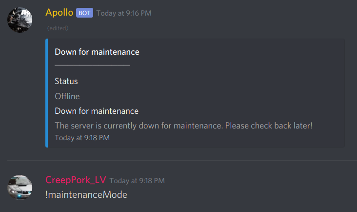 Maintenance mode embed message