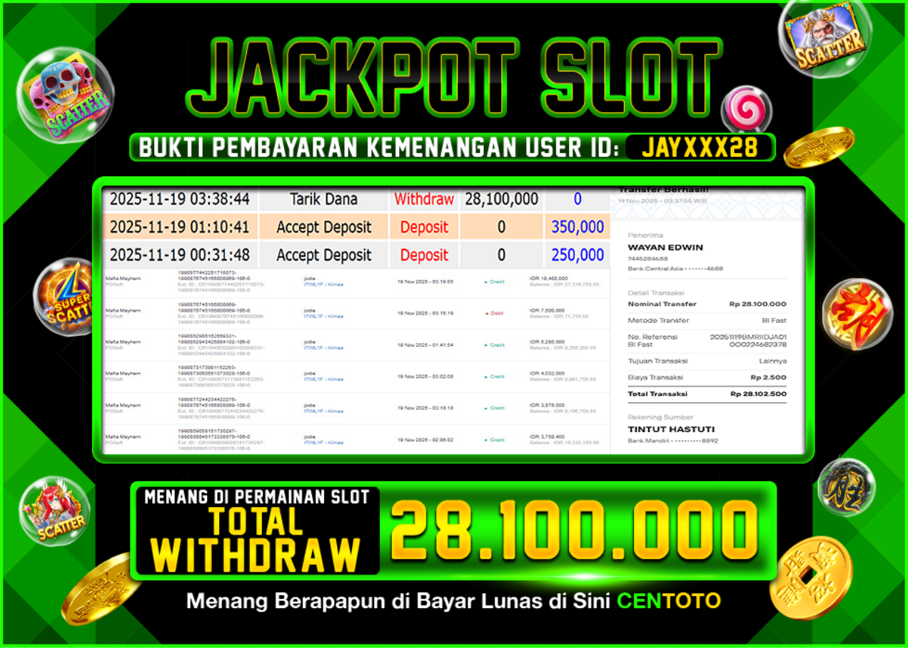 BUKTI JACKPOT SLOT CENTOTO  RP.28.100.000,-LUNAS