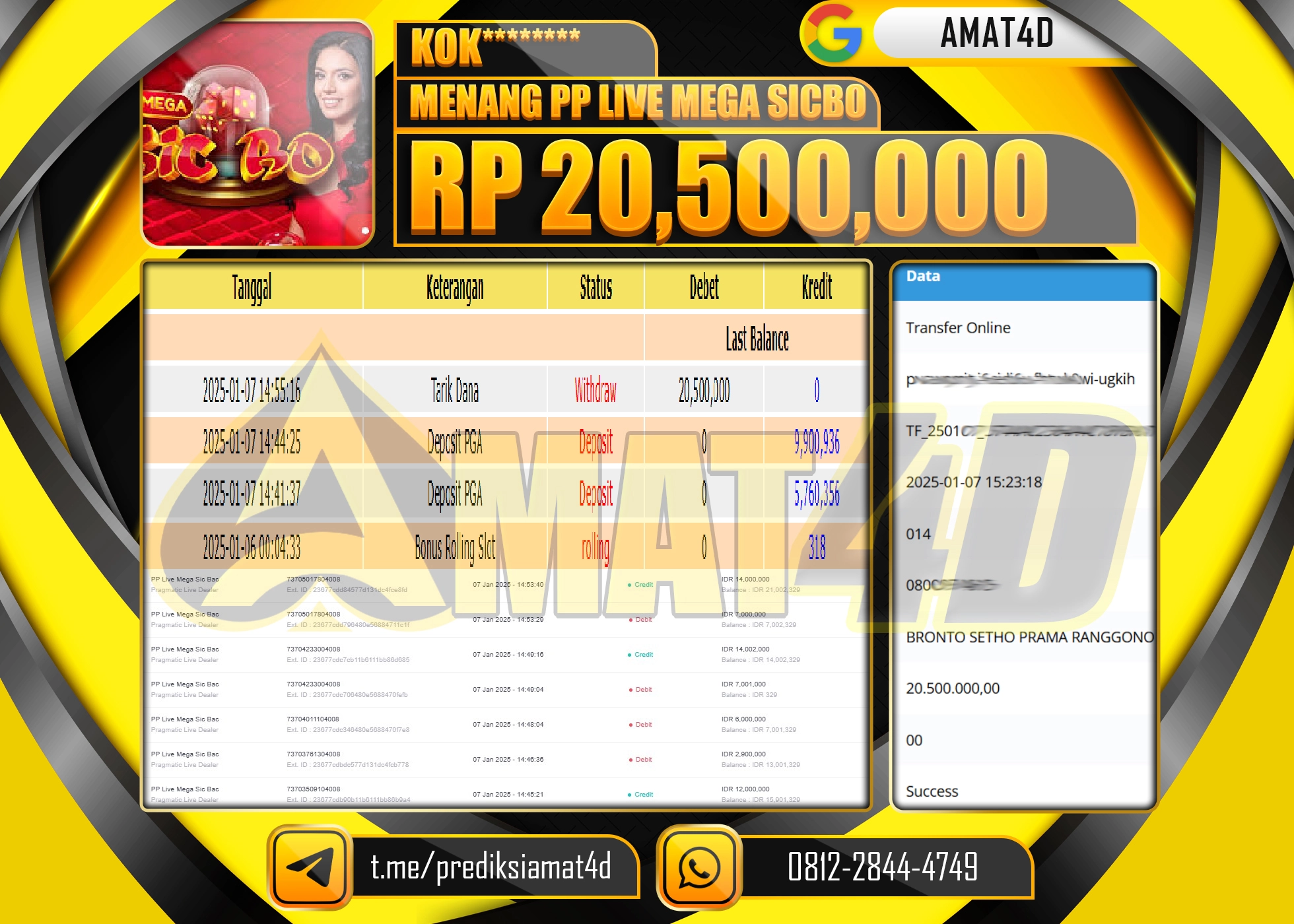 AMAT4D KEMENANGAN JACKPOT PP LIVE MEGA SICBO Rp.20.500.000 BERHASIL DI BAYAR LUNAS