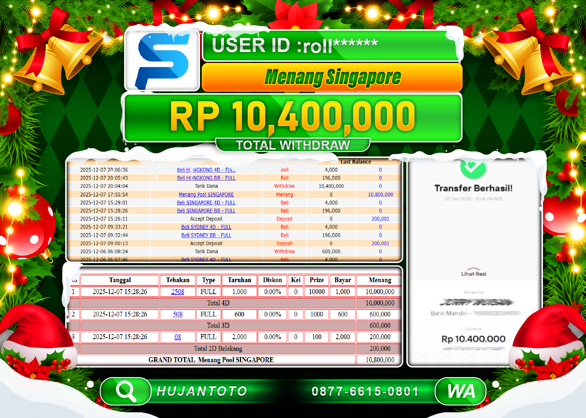 HUJANTOTO - BUKTI JACKPOT MENANG TOGEL SINGAPORE POOLS Rp.10,400,000 - TERBAYAR LUNAS
