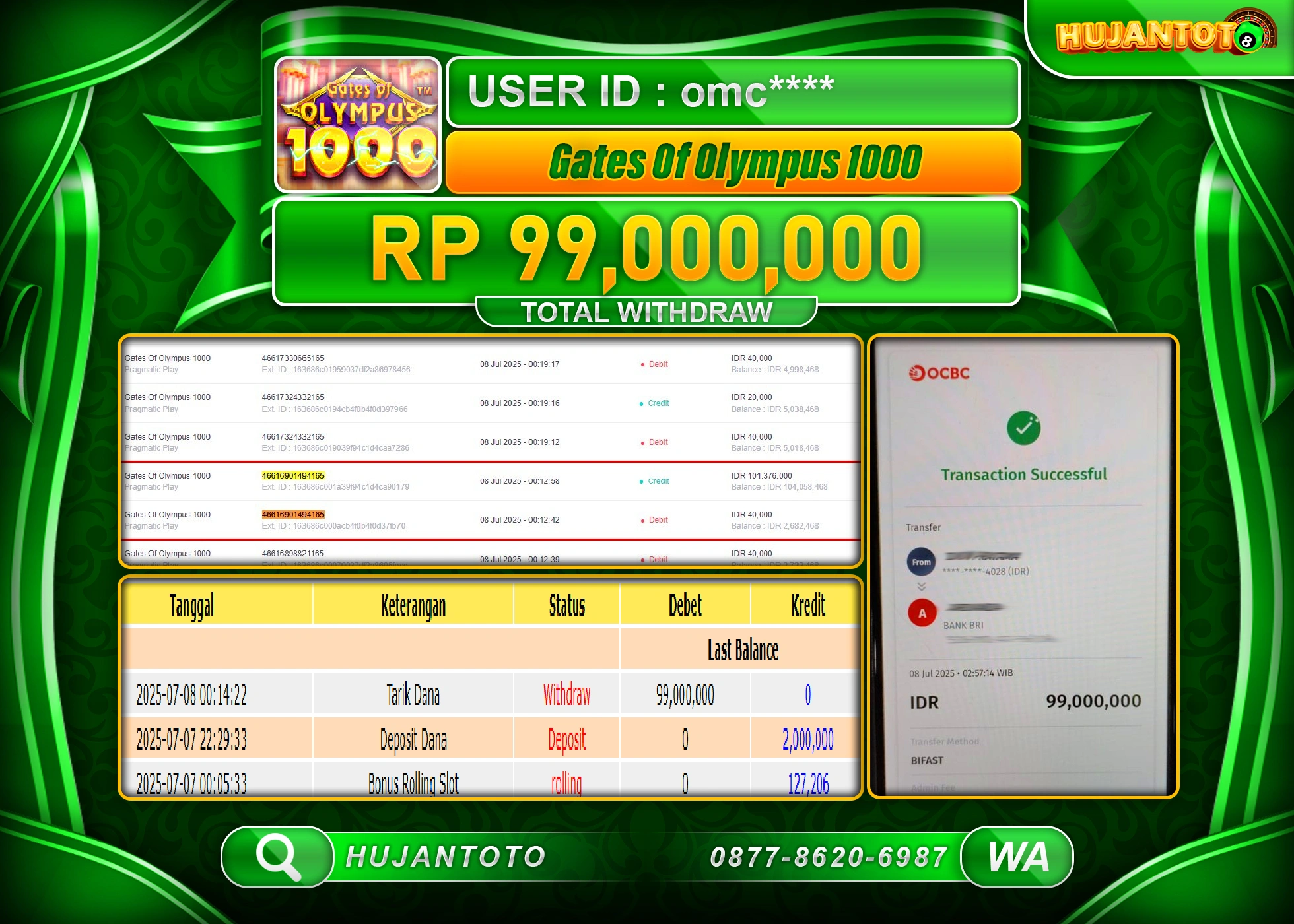 HUJANTOTO - BUKTI JACKPOT MENANG DI SLOT GATES OF OLYMPUS 1000 Rp.99,000,000 - TERBAYAR LUNAS