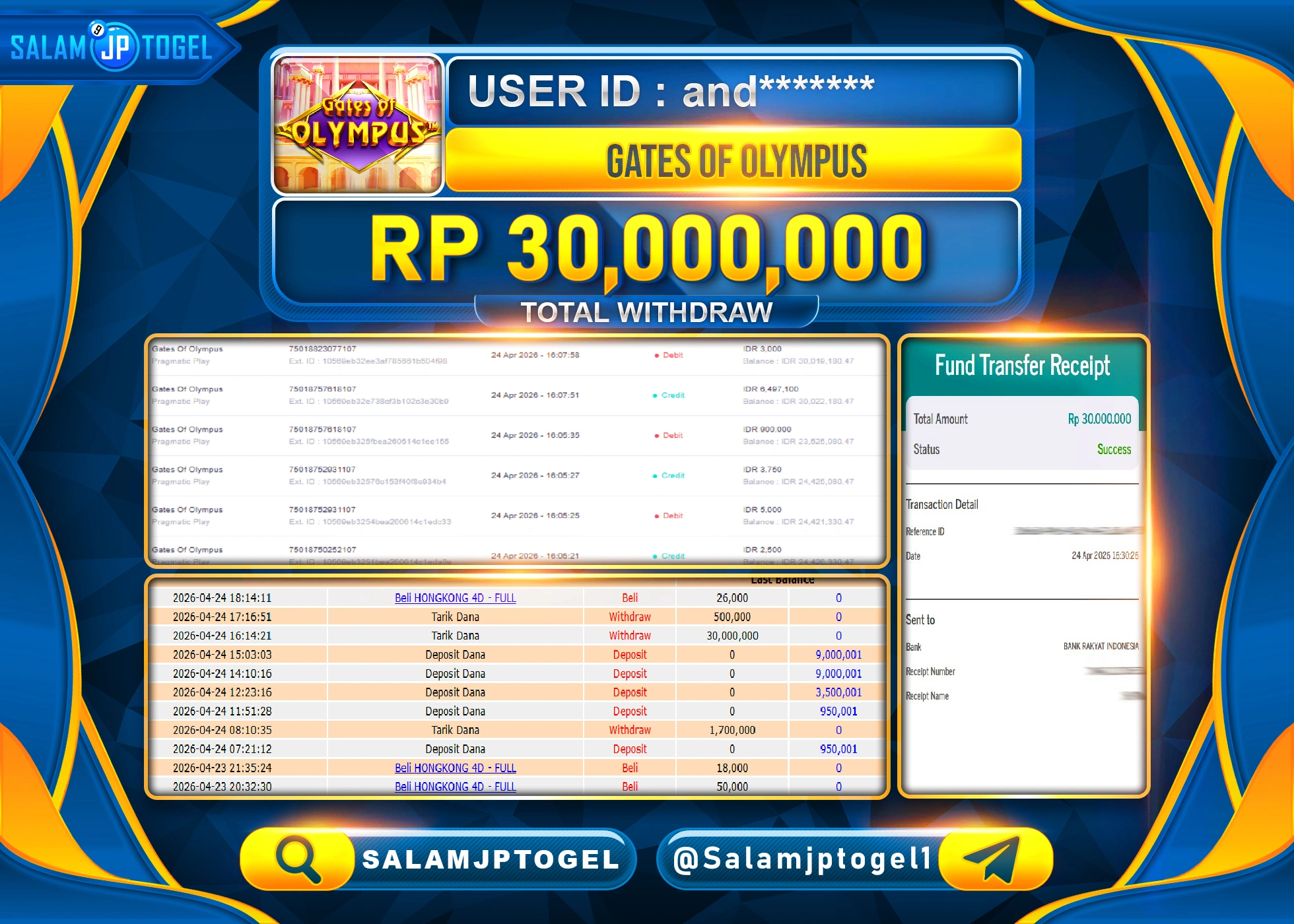 SALAMJPTOGEL MENANG JACKPOT SLOT GATES OF OLYMPUS PRAGMATIC Rp.30,000,000 - LUNAS