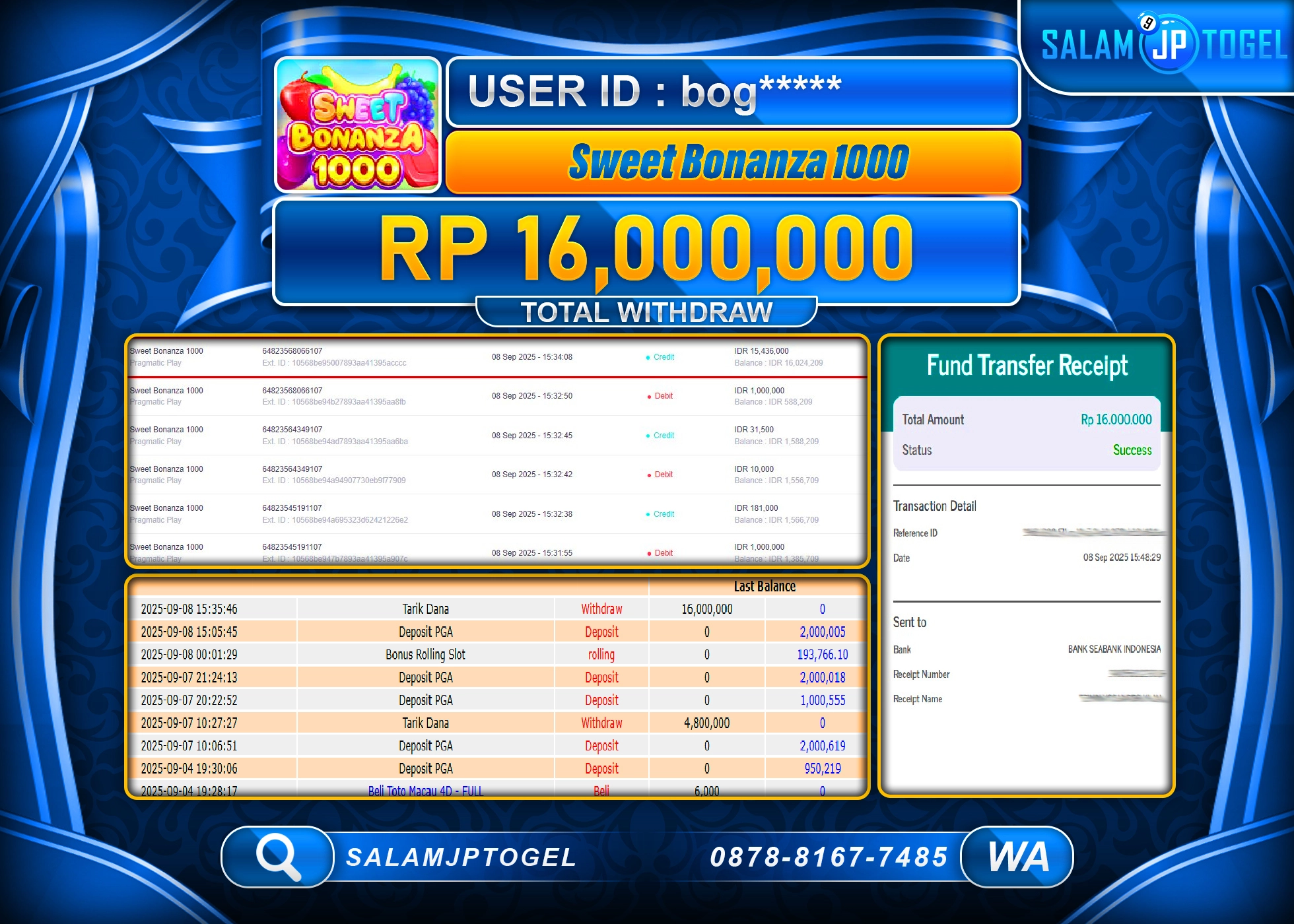 SALAMJPTOGEL MENANG SWEET BONANZA 1000  Rp.16,000,000