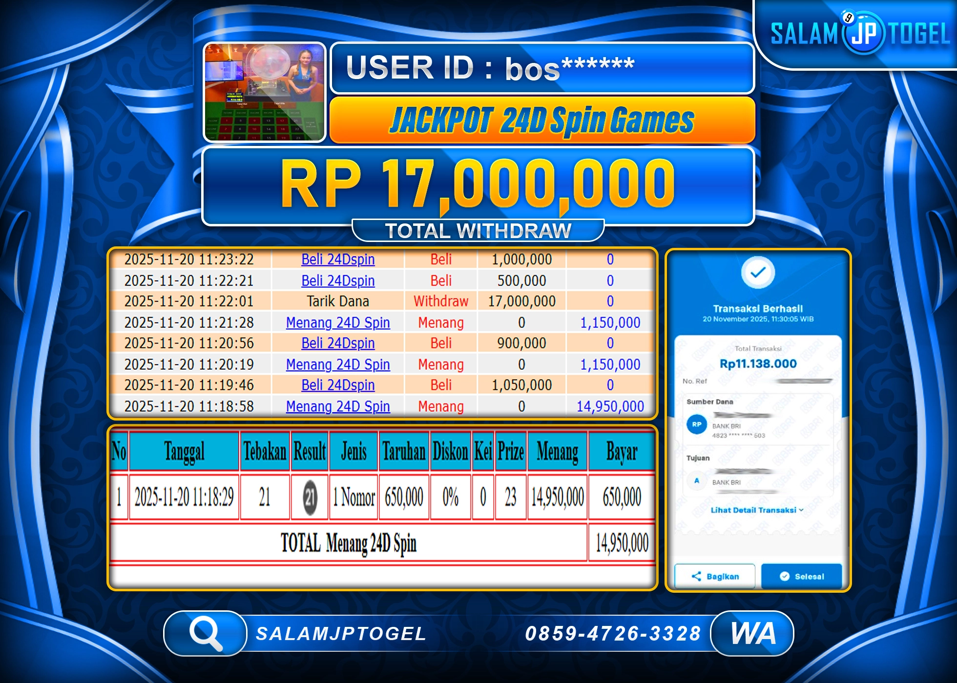 SALAMJPTOGEL MENANG JACKPOT 24D SPIN GAMES Rp.17,000,000  - LUNAS
