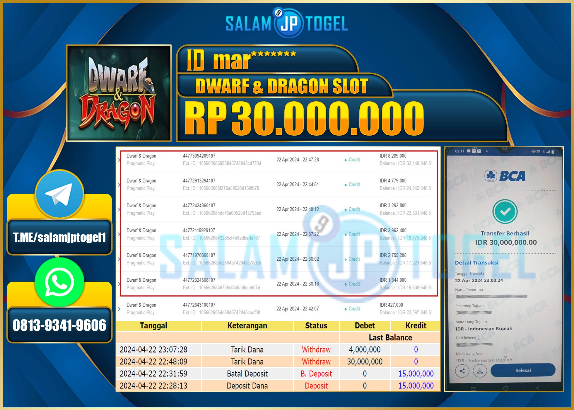SALAMJPTOGEL JACKPOT SLOT DWARF & DRAGON RP.30.000.000.,- LUNAS