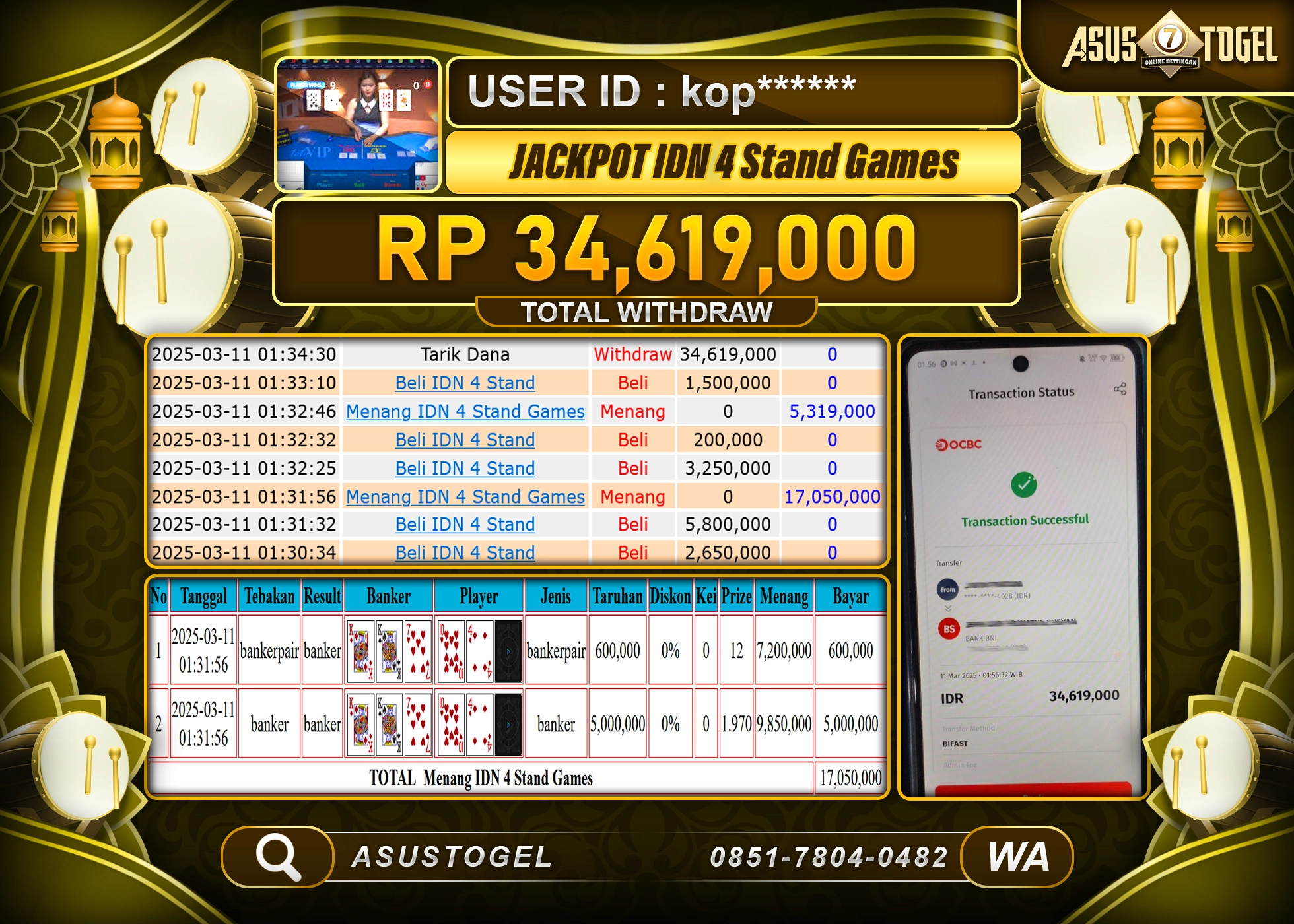 ASUSTOGEL KEMENANGAN DI IDN 4 STAND GAMES SEBESAR 34,619,000- RUPIAH LUNAS