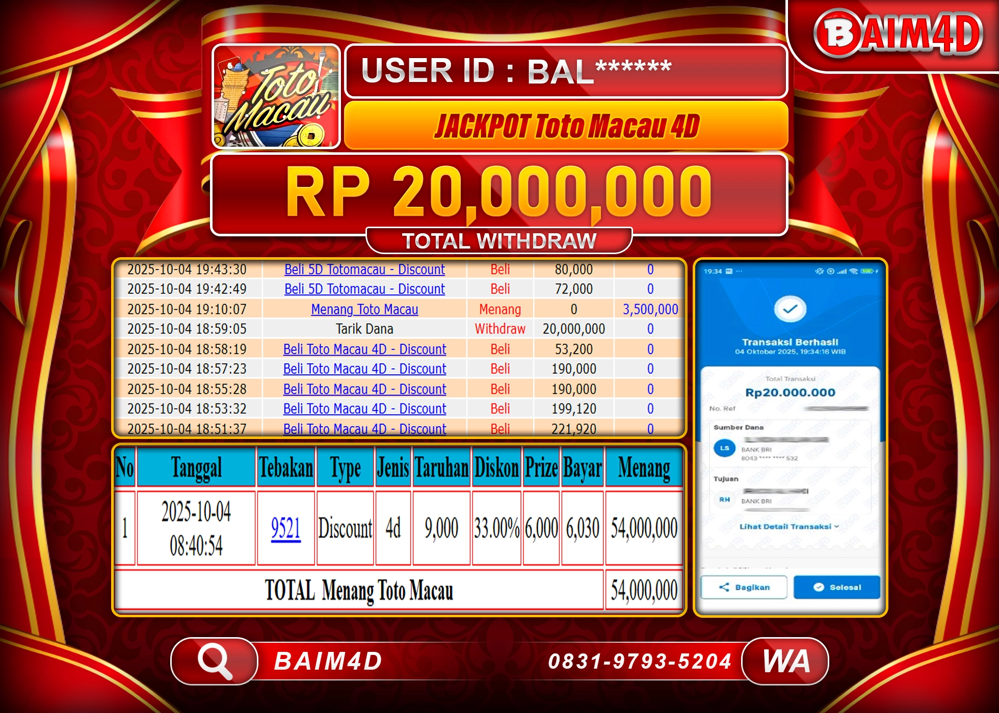 BAIM4D JACKPOT TOGEL TOTO MACAU 4D GAMES Rp.20,000,000.- LUNAS