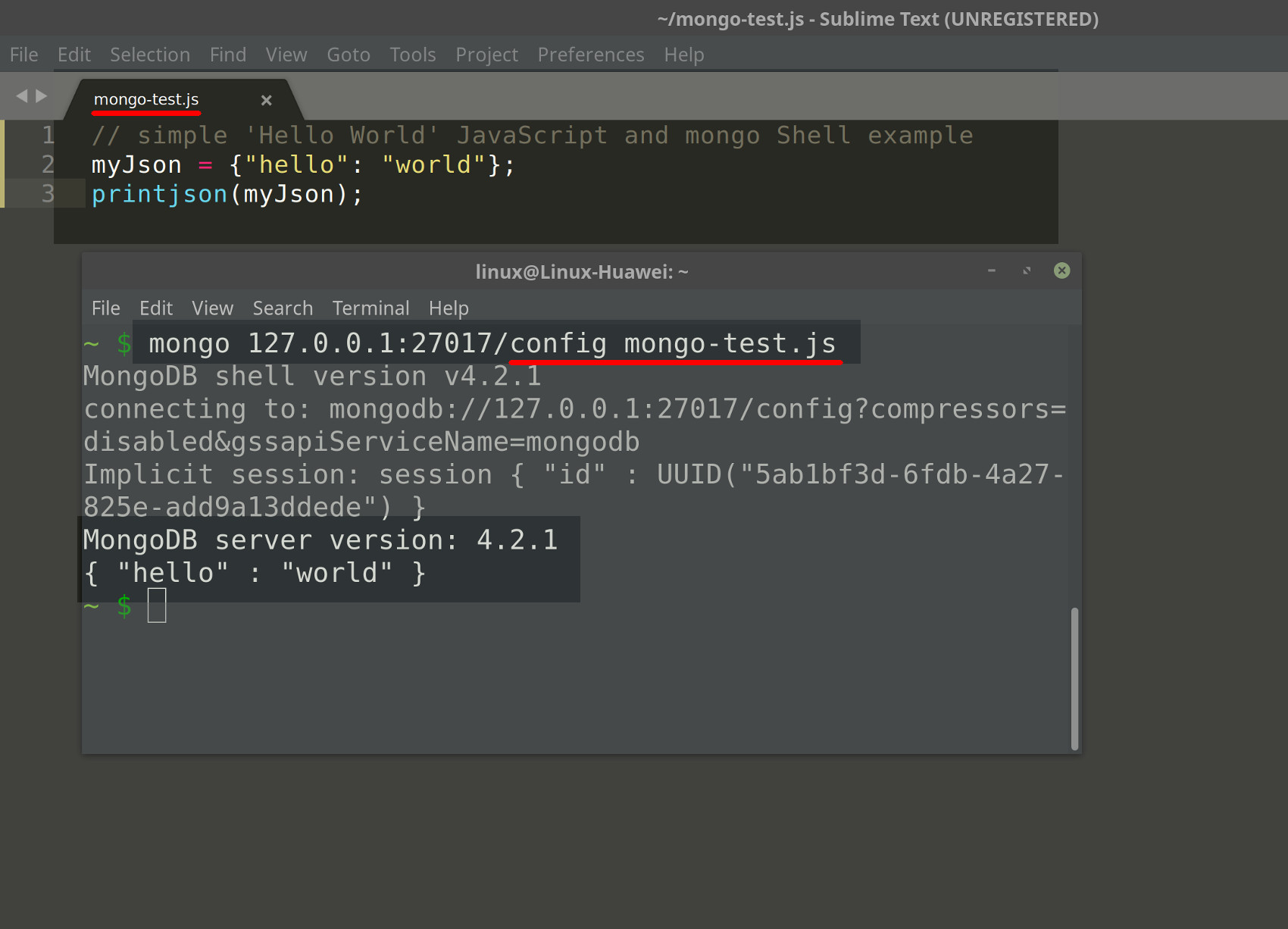 Screenshot of Sublime and terminal executing MongoDB JavaScript using mongo Shell