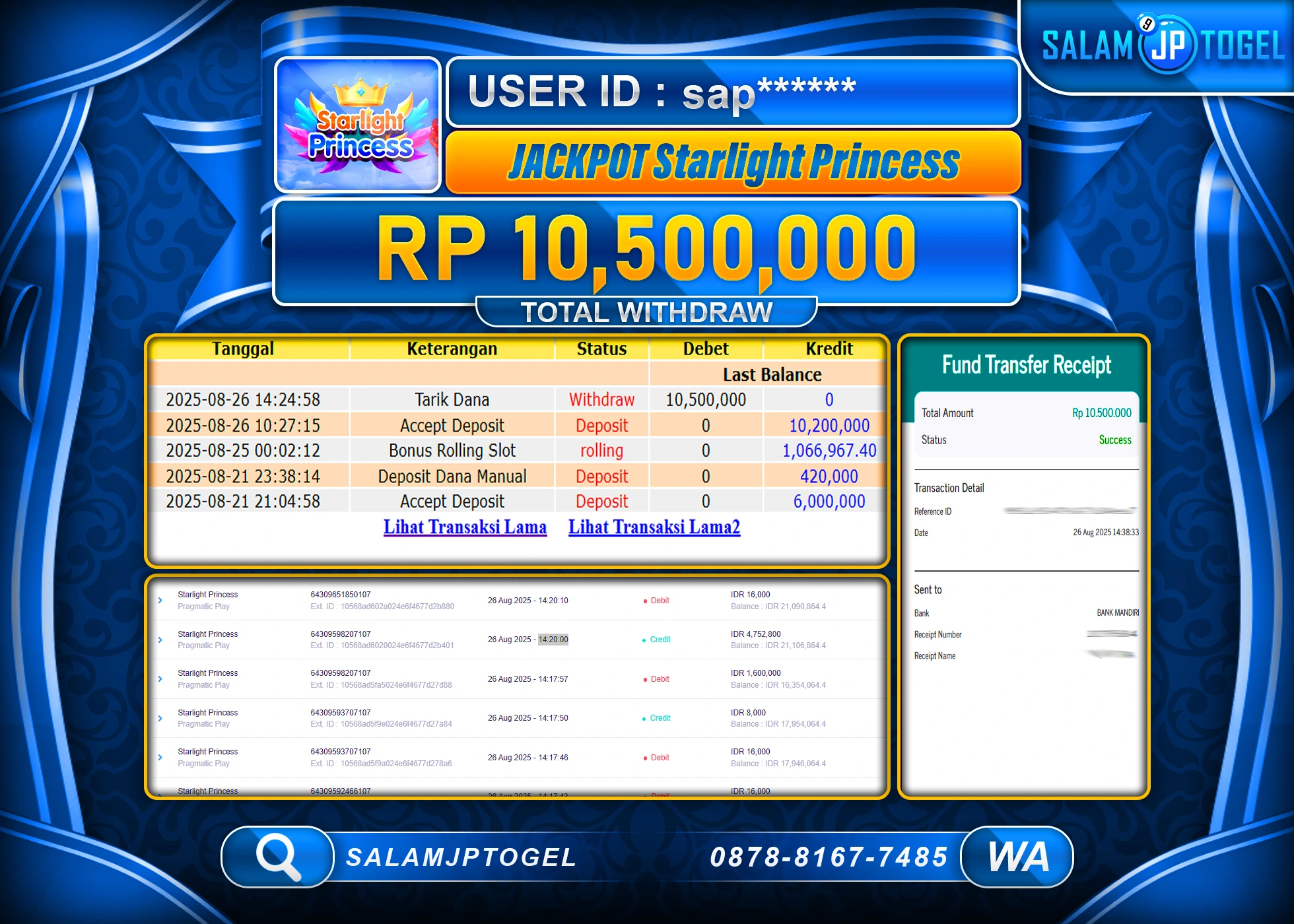 SALAMJPTOGEL MENANG JACKPOT STARLIGHT PRINCESS Rp.10,500,000