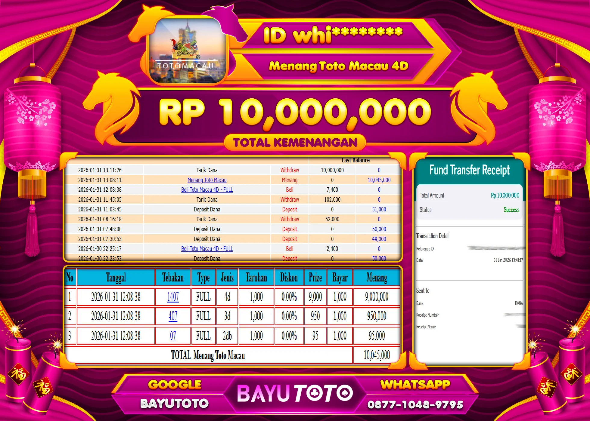SELAMAT MEMBER SETIA BAYUTOTO JACKPOT DI TOGEL TOTO MACAU  4D Rp. 10,000,000 LUNAS