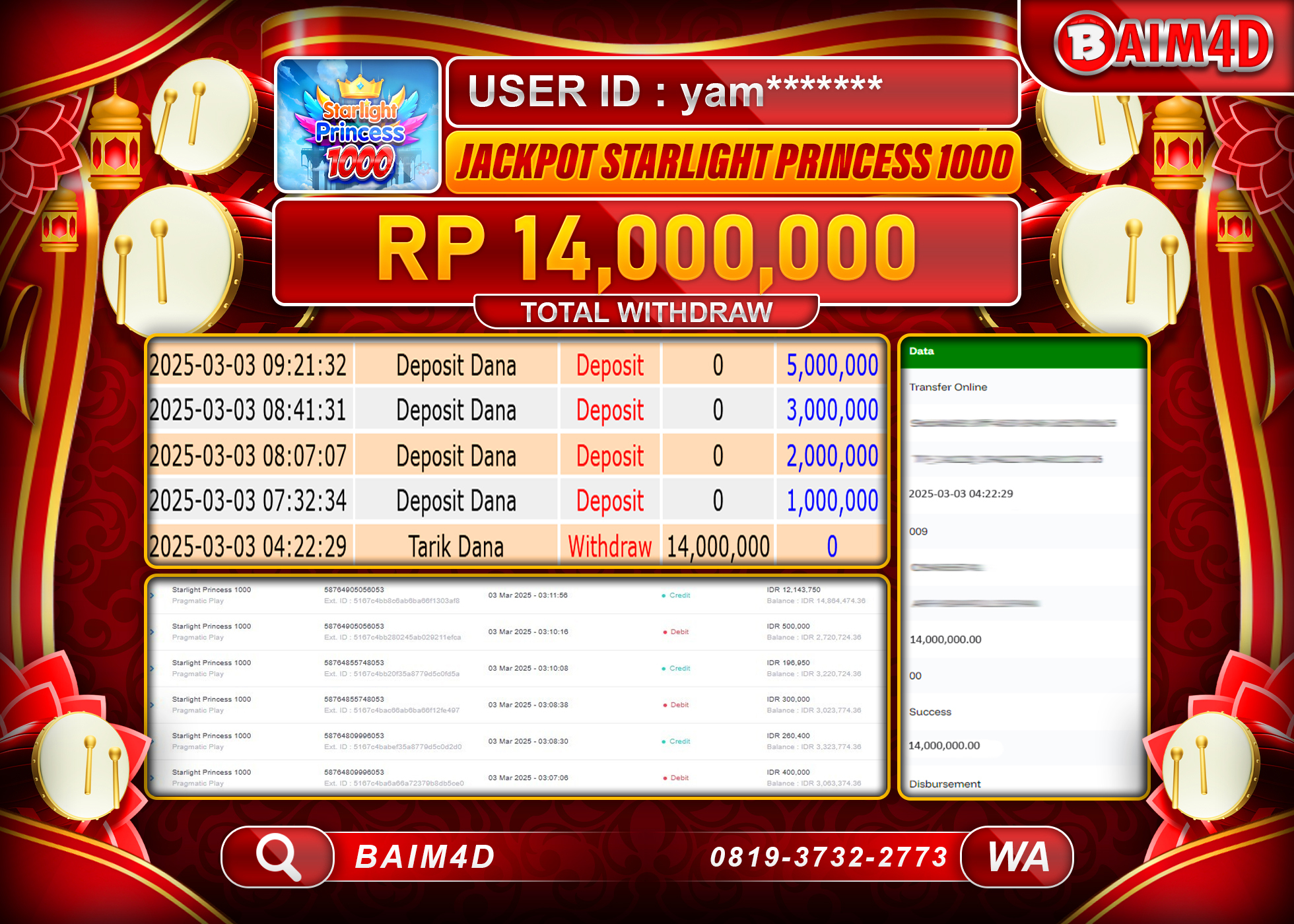 BAIM4D MENANG JACKPOT STARLIGHT PRINCES 1000 Rp.14.000,000.