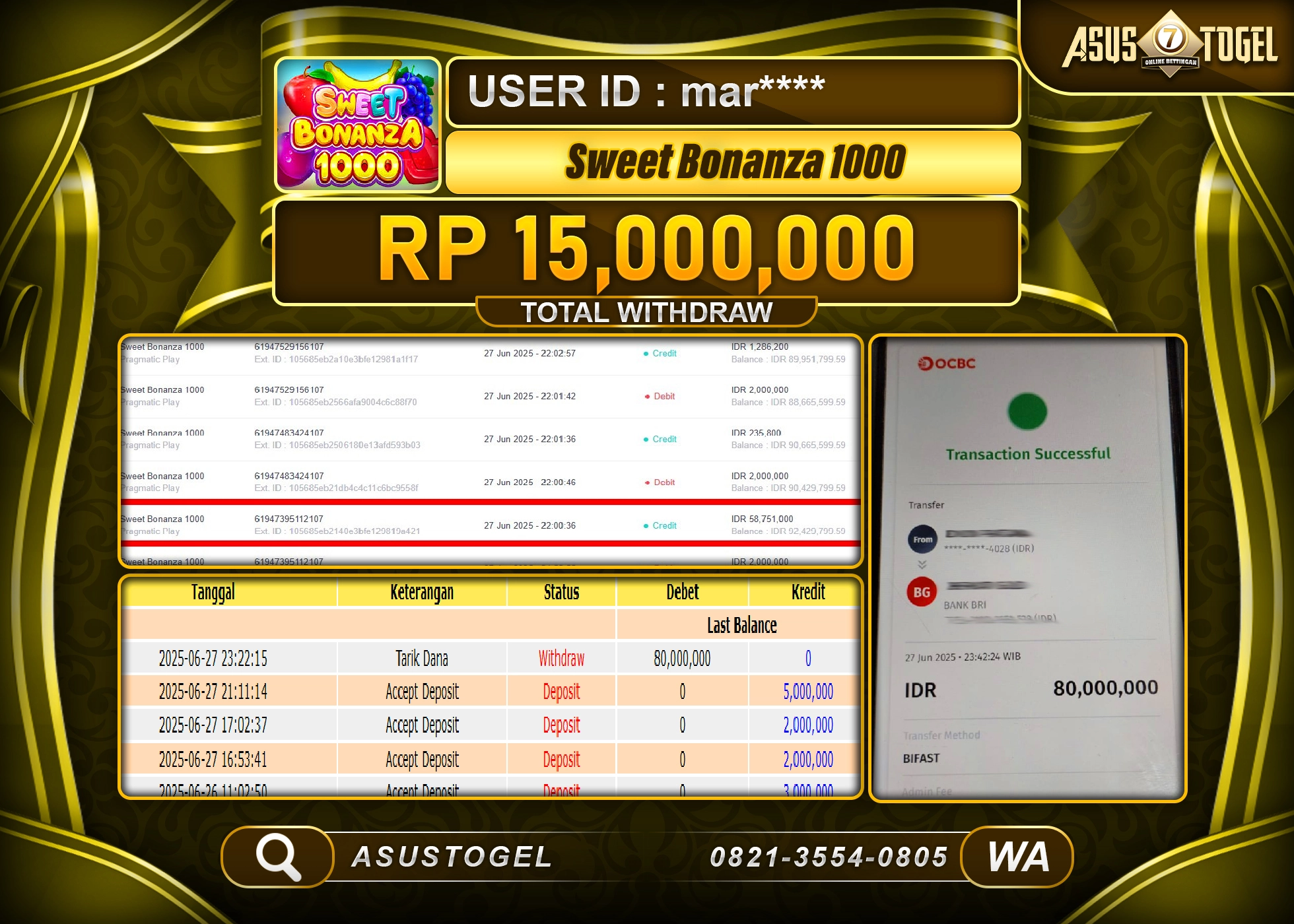 ASUSTOGEL KEMENANGAN DI SLOT SWEET BONANZA 1000 SEBESAR 15,000,000- RUPIAH LUNAS