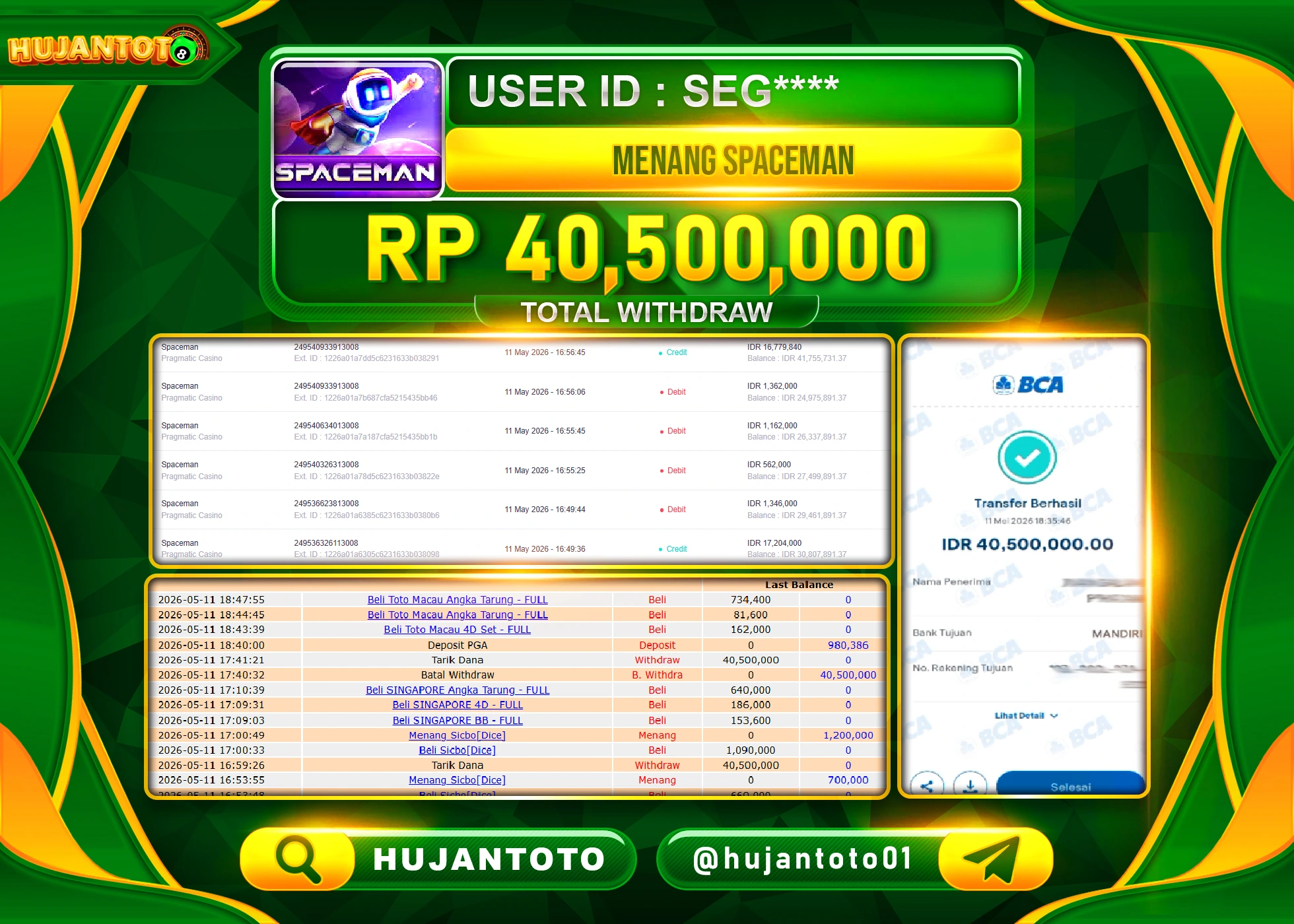 HUJANTOTO - BUKTI JACKPOT MENANG SPACEMAN PRAGMATIC PLAY Rp.40,500,000 - TERBAYAR LUNAS