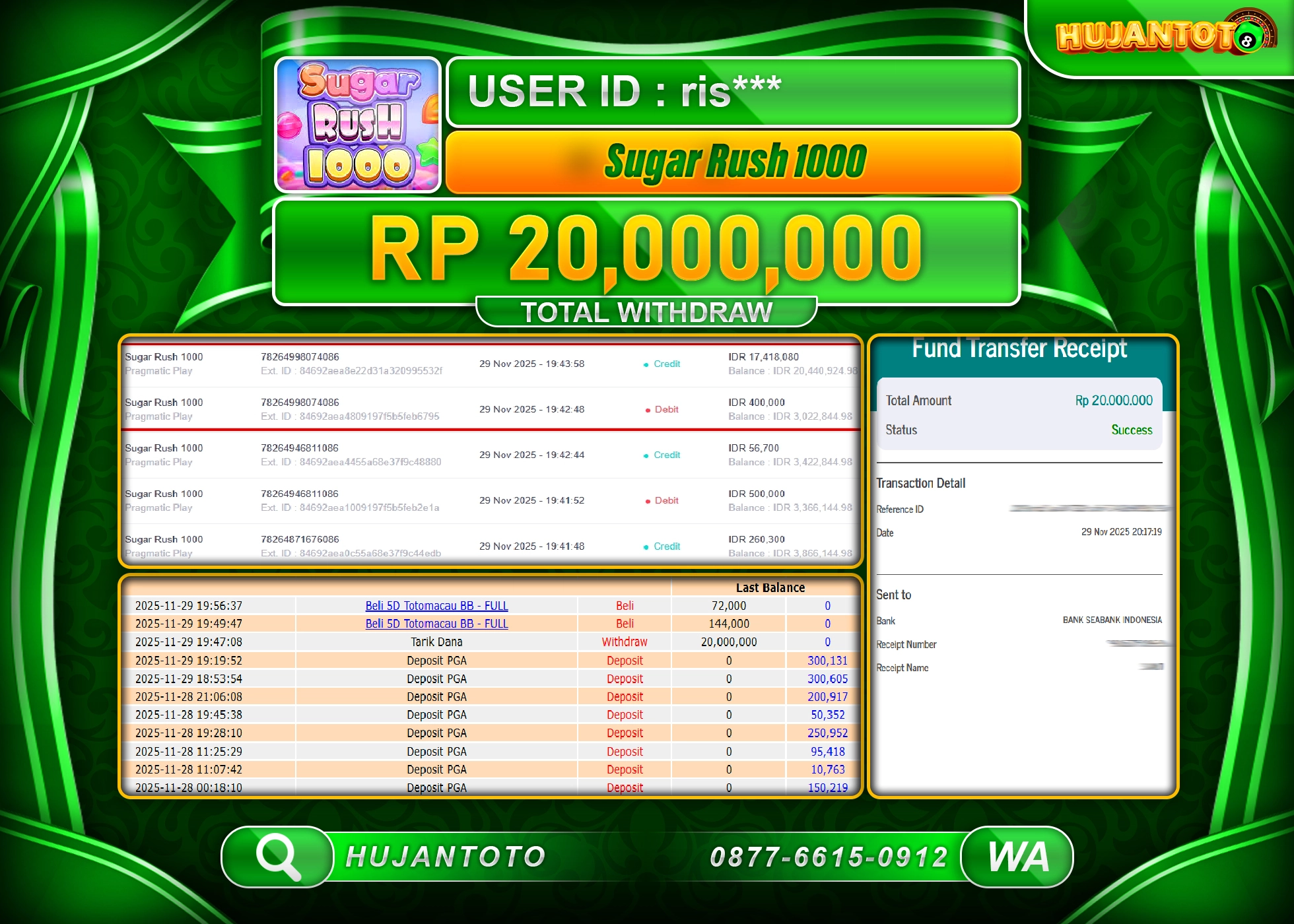 HUJANTOTO - BUKTI JACKPOT MENANG SLOT SUGAR RUSH 1000  Rp.20,000,000 - TERBAYAR LUNAS
