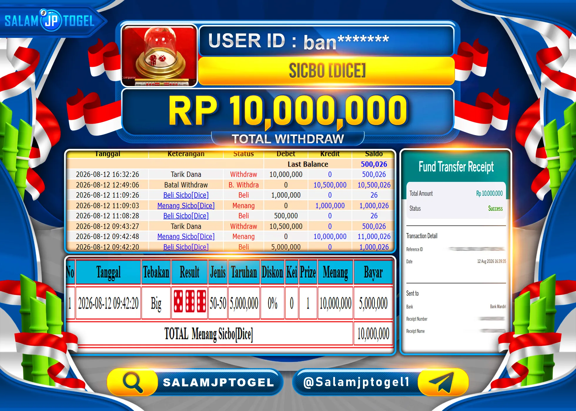 SALAMJPTOGEL JACKPOT MENANG LIVE GAME GACOR SICBO [DICE} Rp.10,000,000 - LUNAS