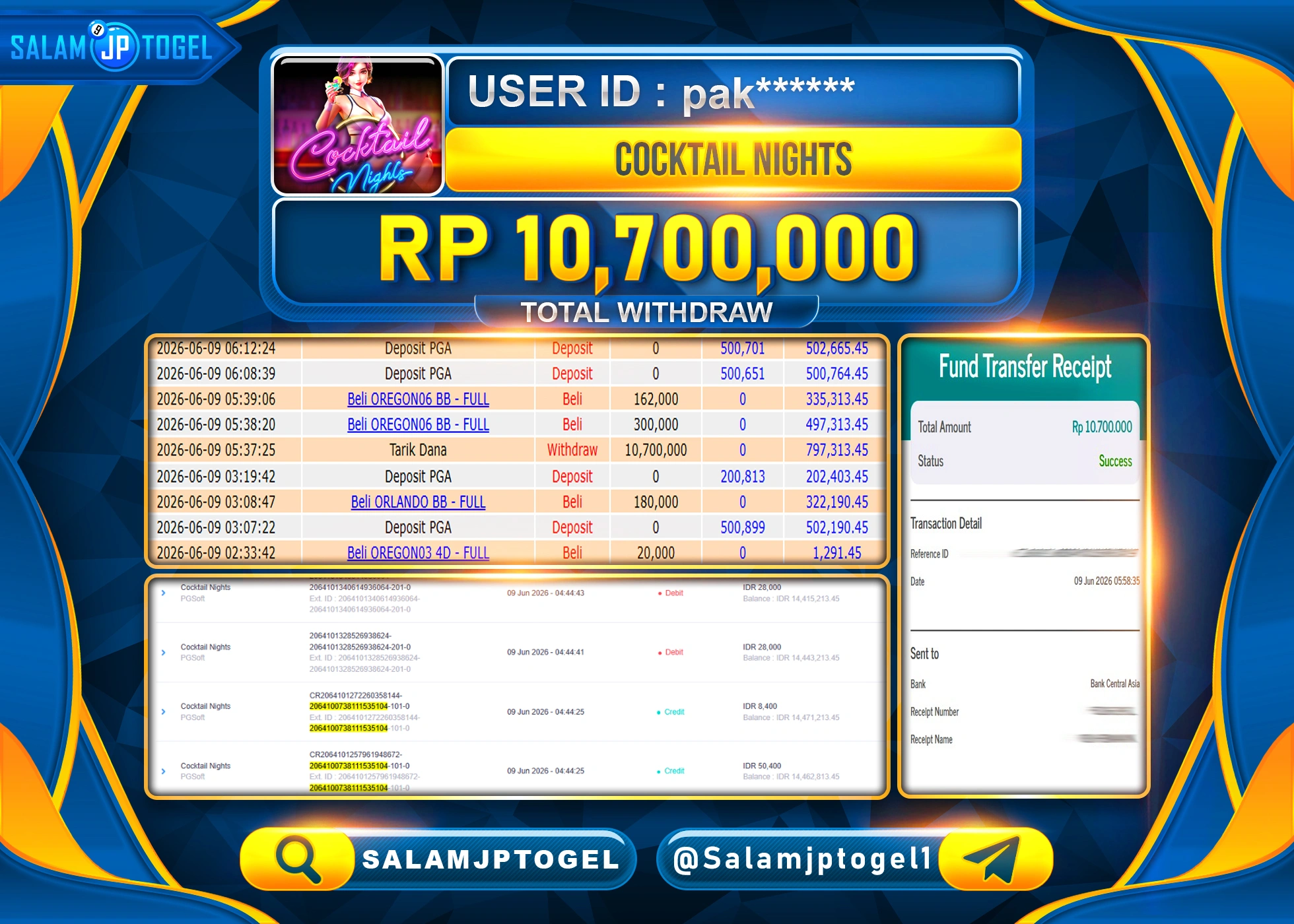 SALAMJPTOGEL JACKPOT MENANG SLOT COCKTAIL NIGHTS PG SOFT Rp.10,700,000 - LUNAS