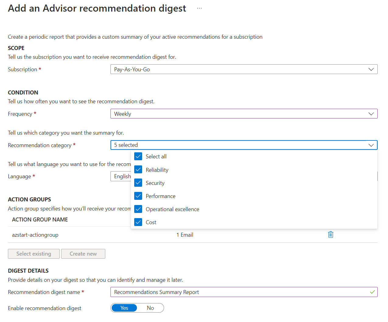 Add an Advisor recommendation digest