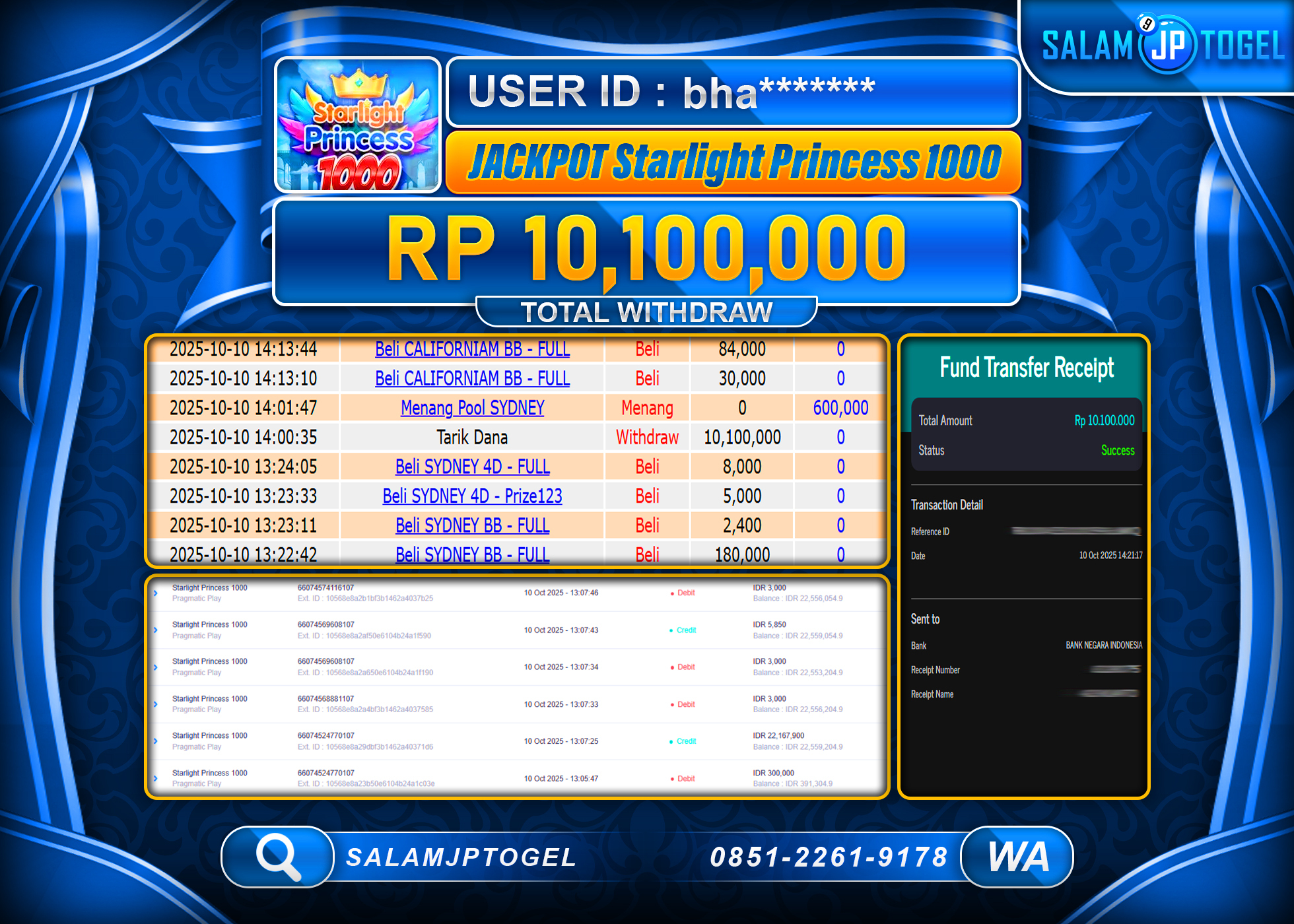 SALAMJPTOGEL MENANG STARLIGHT PRINCESS 1000 RP. 10,100,0000, - LUNAS