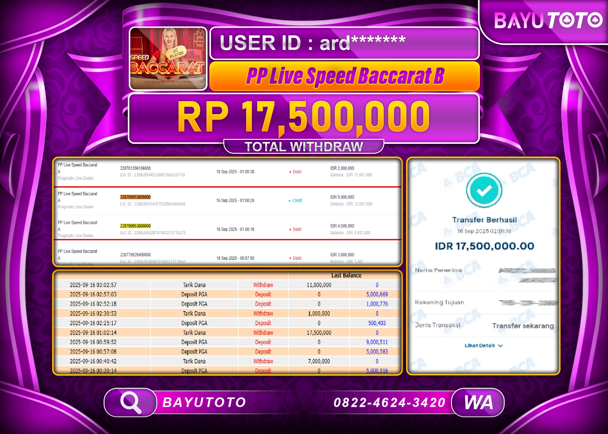 BAYUTOTO JACKPOT DI GAME  LIVEGAMES PP LIVE SPEED BACCARAT A Rp.17,500,000 LUNAS