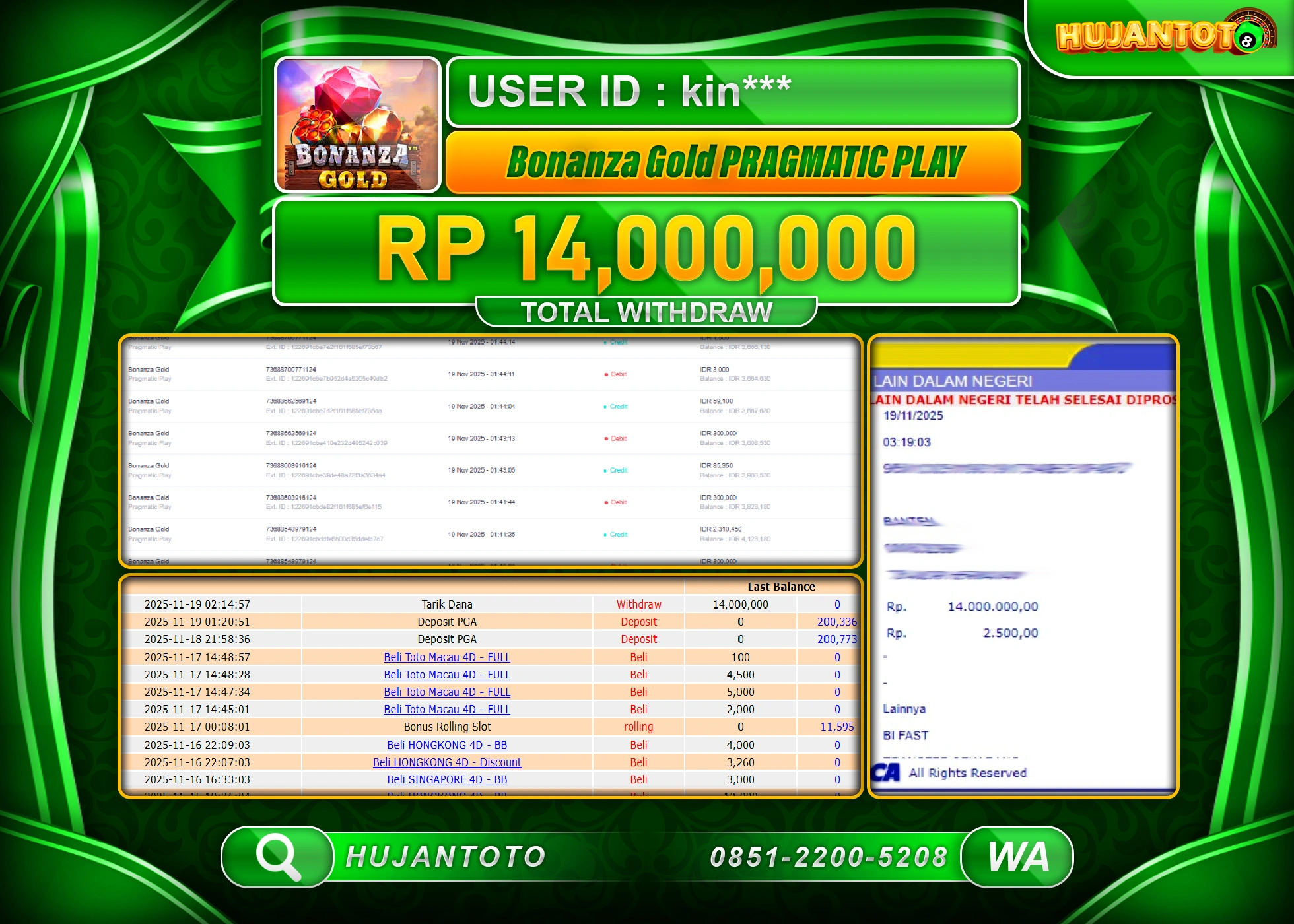 HUJANTOTO - BUKTI JACKPOT MENANG SLOT BONANZA GOLD PRAGMATIC PLAY Rp.14,000,000 - TERBAYAR LUNAS