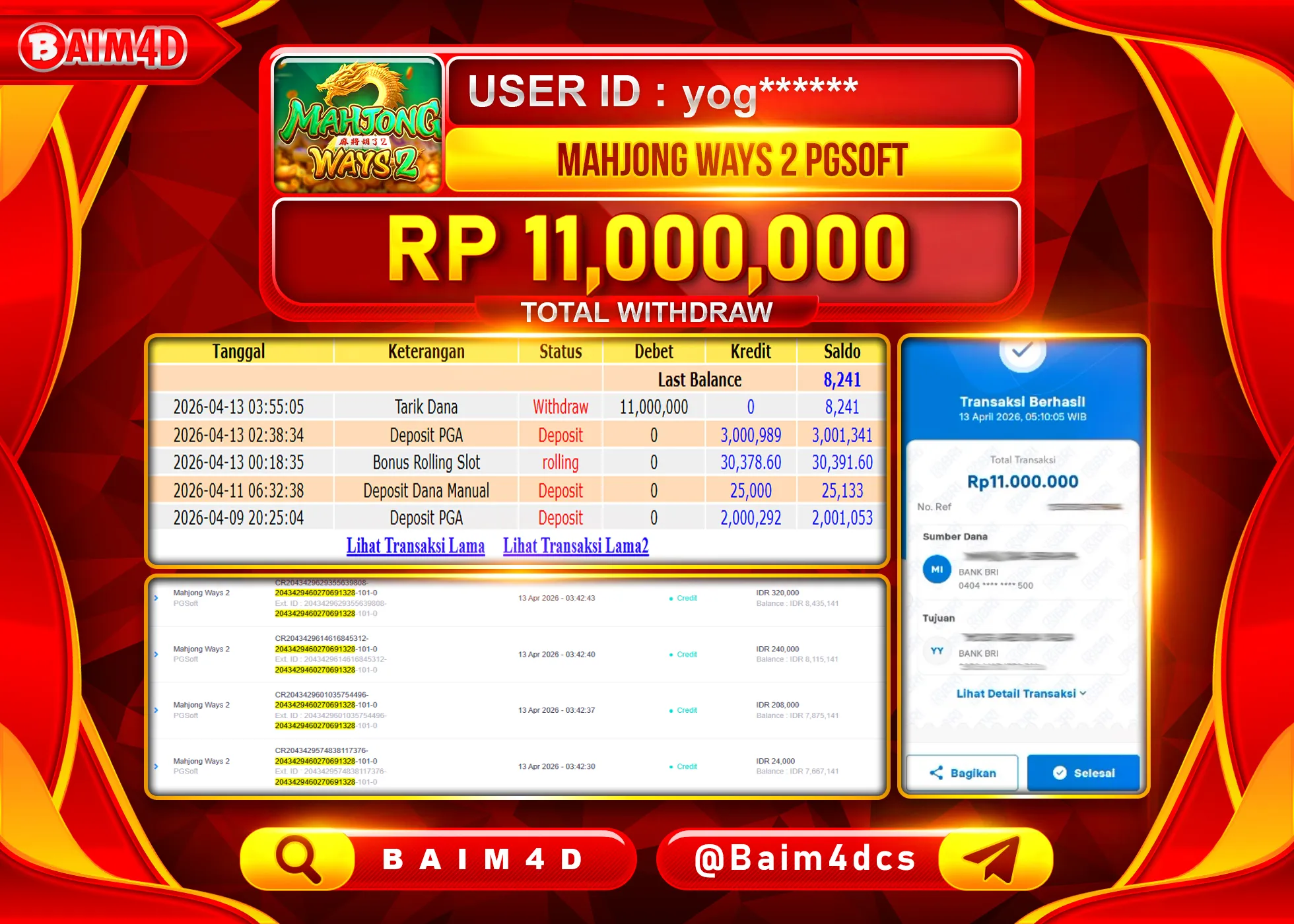 BAIM4D JACKPOT  SLOT MAHJONG WAYS 2 Rp.11,000,000 - LUNAS