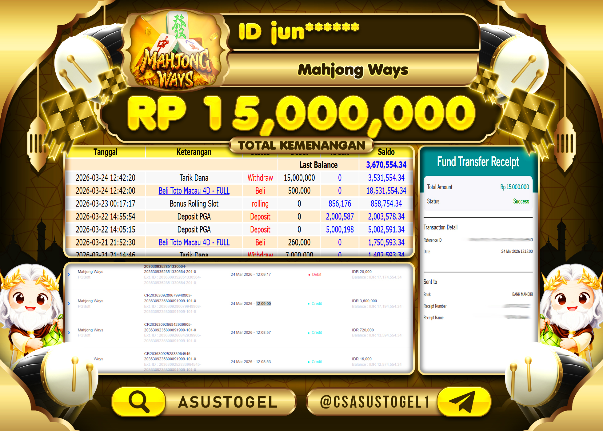 ASUSTOGEL KEMENANGAN JACKPOT DI MAHJONG WAYS 2 PG SOFT SEBESAR Rp.15,000,000 - RUPIAH LUNAS