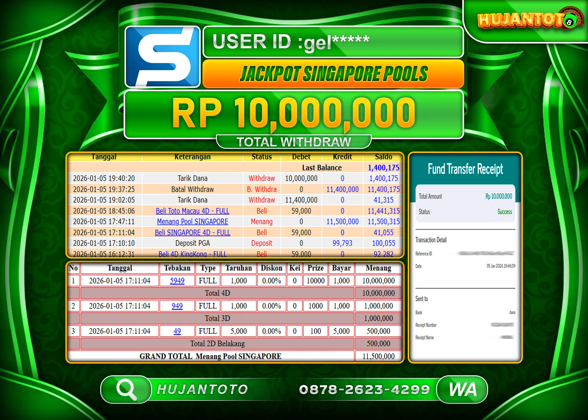 HUJANTOTO - BUKTI JACKPOT MENANG TOGEL SINGAPORE POOLS Rp.10,000,000 - TERBAYAR LUNAS