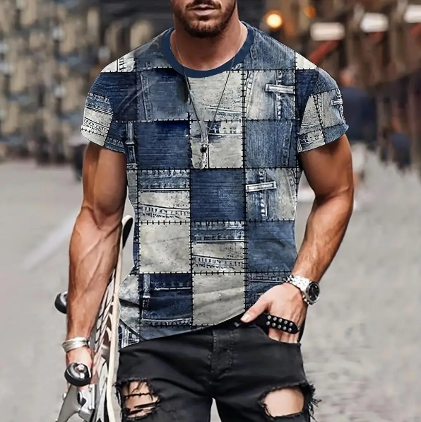  Men's T Shirt 3D Digital Patchwork Graphic Print Short Sleeve T-Shirts Comfy Casual Elastic Crew Neck Men Outdoor Activities Top