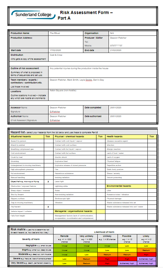 Deacon Fletcher Level 3 Creative Media: Risk Assessment Form A & B