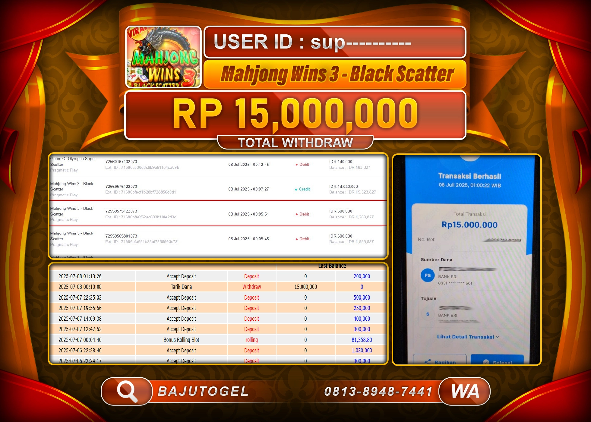 BAJUTOGEL MENANG MAHJONG WINS 3 Rp.15.000.000 LUNAS