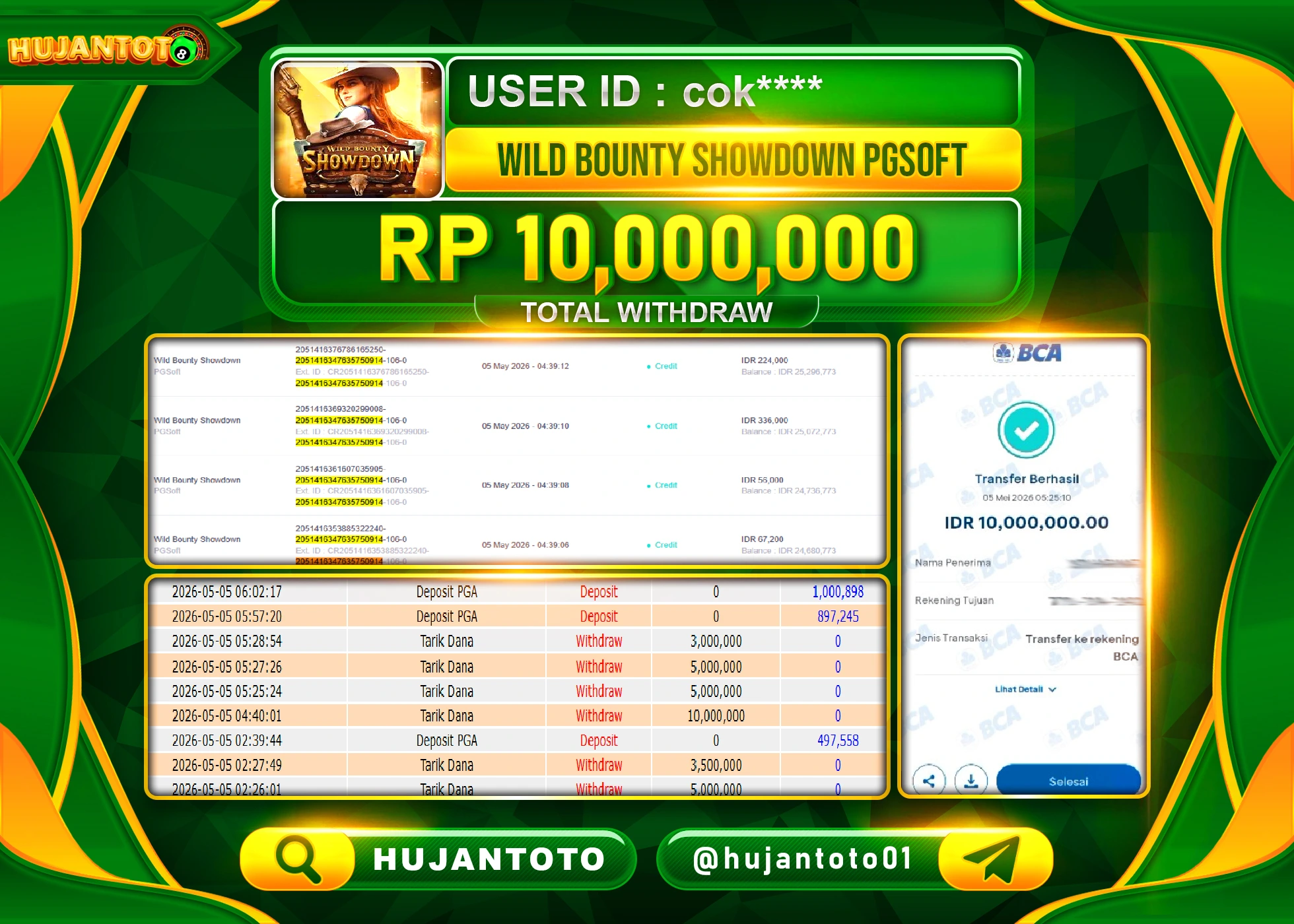 HUJANTOTO - BUKTI JACKPOT MENANG SLOT WILD BOUNTY SHOWDOWN Rp.10,000,000 - TERBAYAR LUNAS