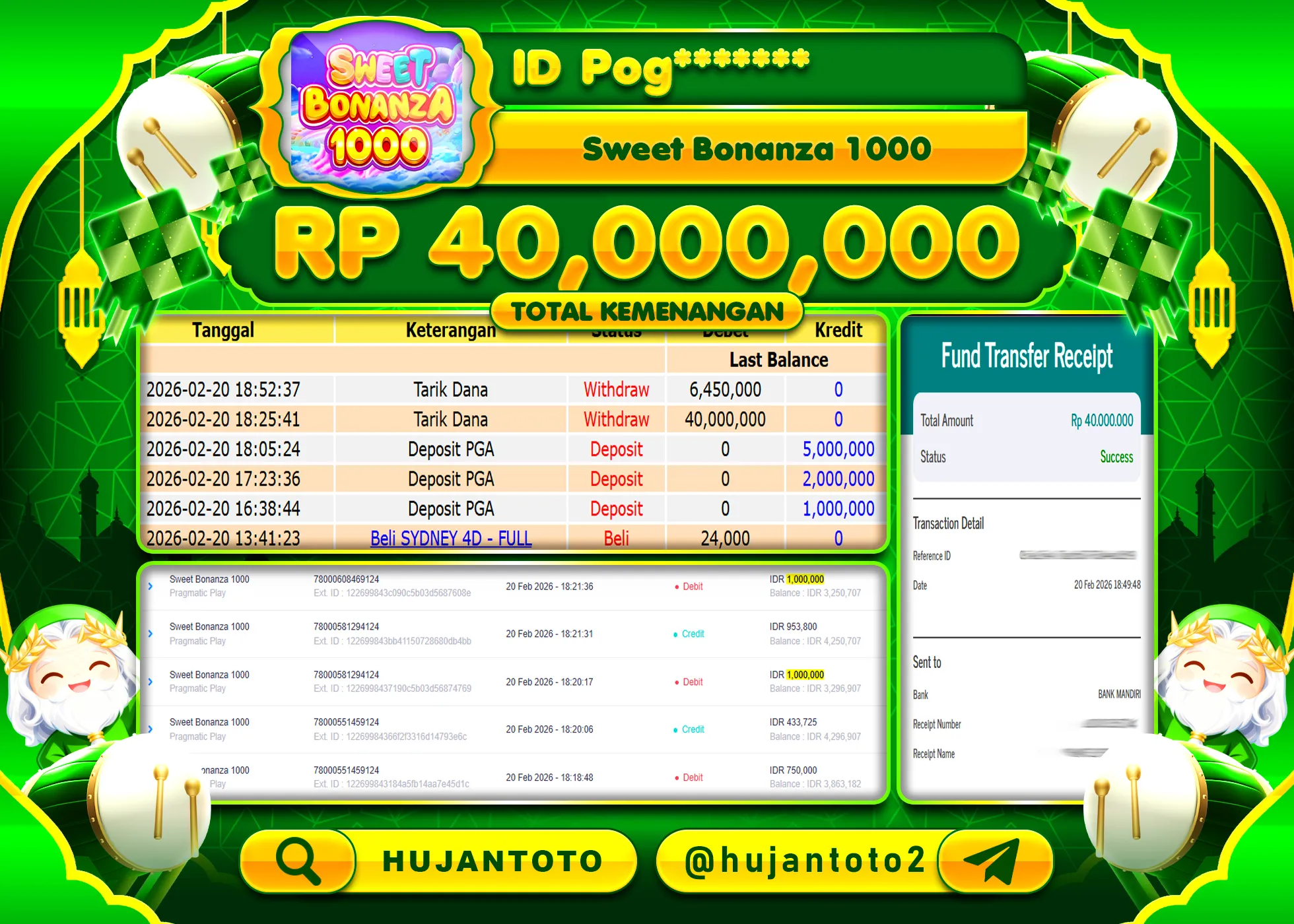 HUJANTOTO - BUKTI JACKPOT MENANG SLOT SWEET BONANZA 1000 Rp.40,000,000 - TERBAYAR LUNAS