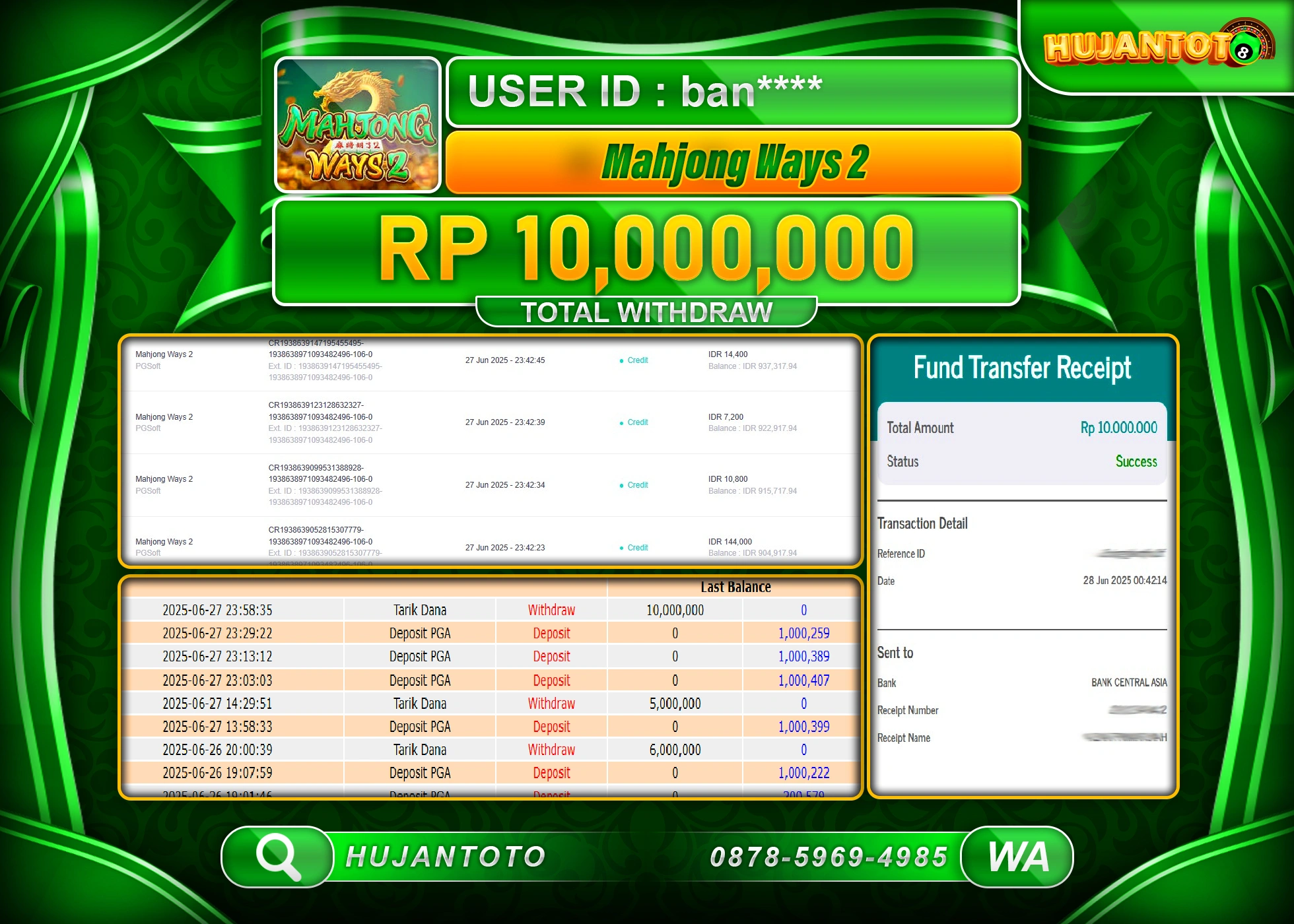 HUJANTOTO - BUKTI JACKPOT MENANG DI SLOT MAHJONG WAYS 2 Rp. 10,000,000 - TERBAYAR LUNAS
