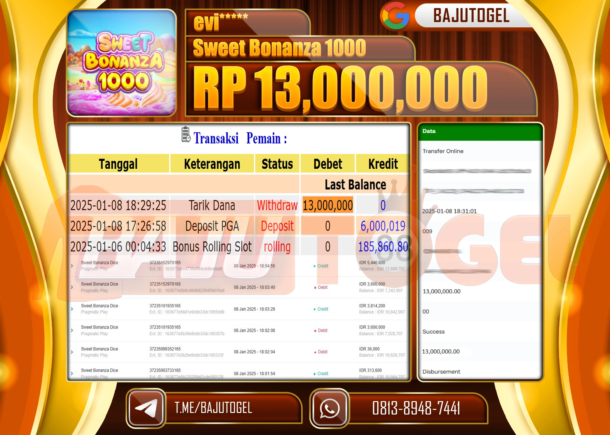 BAJUTOGEL JACKPOT SWEET BONANZA 1000 Rp.13.000.000 LUNAS