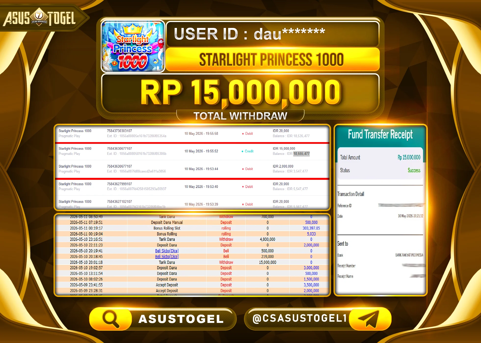 ASUSTOGEL KEMENANGAN JACKPOT DI PERMAINAN STARLIGTH PRINCESS 1000 SEBESAR Rp.15,000,000 - RUPIAH LUNAS