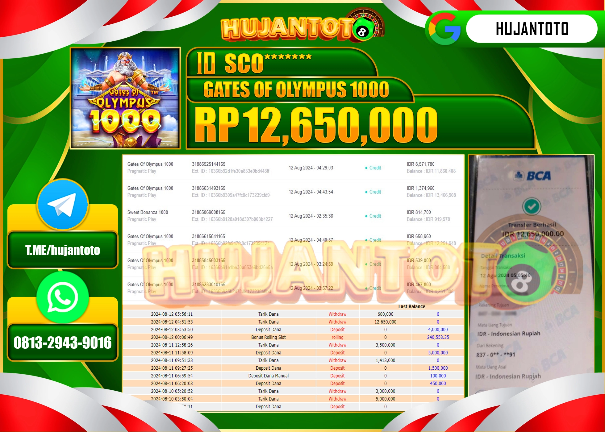 HUJANTOTO MENANG BESAR DI PERMAINAN GATES OF OLYMPUS 1000, 12.650.000  - LUNAS 