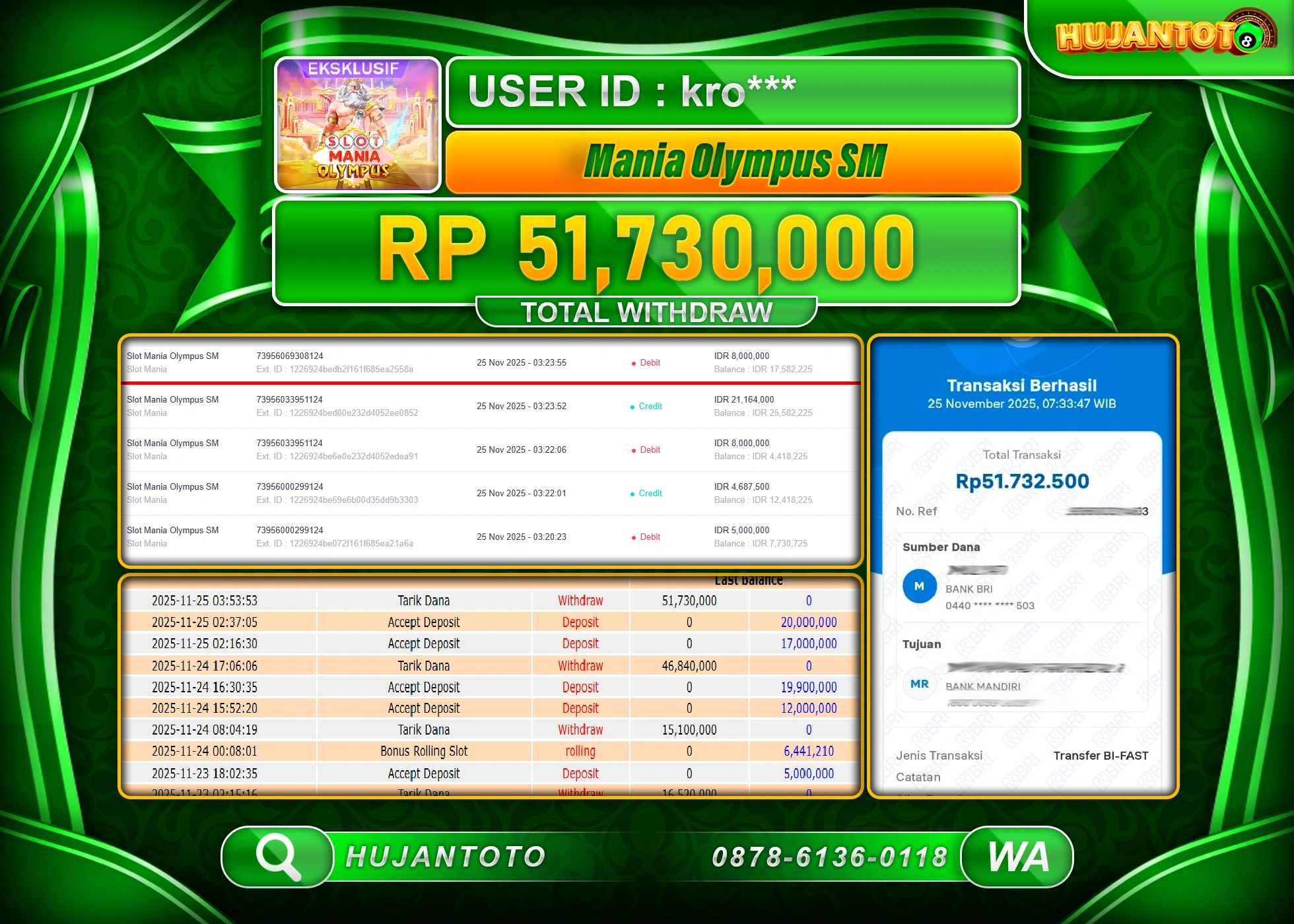 HUJANTOTO - BUKTI JACKPOT MENANG SLOT MANIA OLYMPUS SM Rp.51,730,000 - TERBAYAR LUNAS