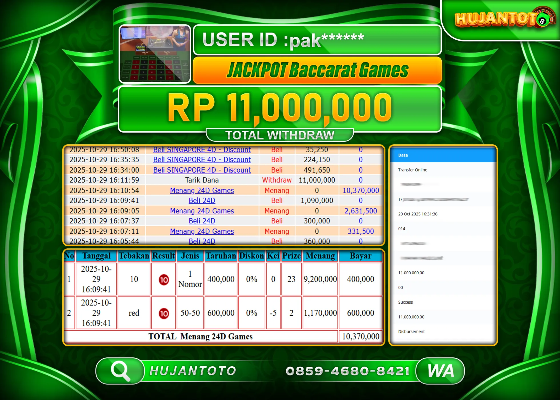 HUJANTOTO - BUKTI JACKPOT MENANG LIVE GAMES BACCARAT Rp.11,000,000 - TERBAYAR LUNAS